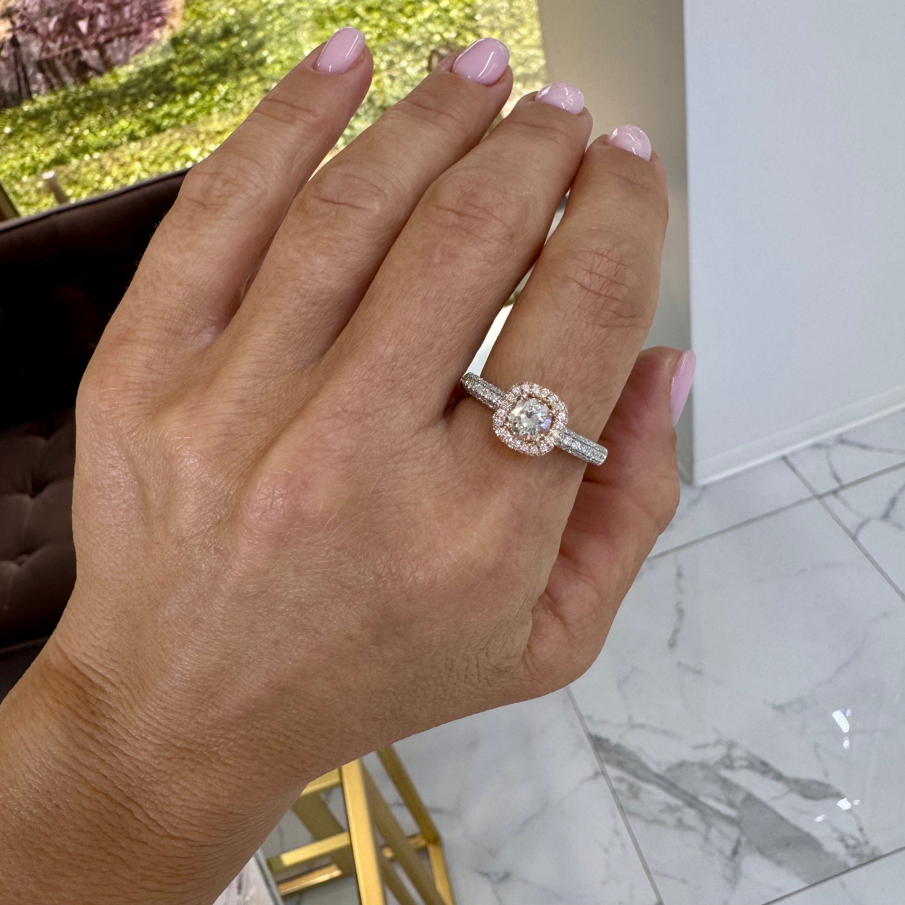 Ladies 14K White and Rose Gold 0.65ct Round Halo Diamond Engagement Ring