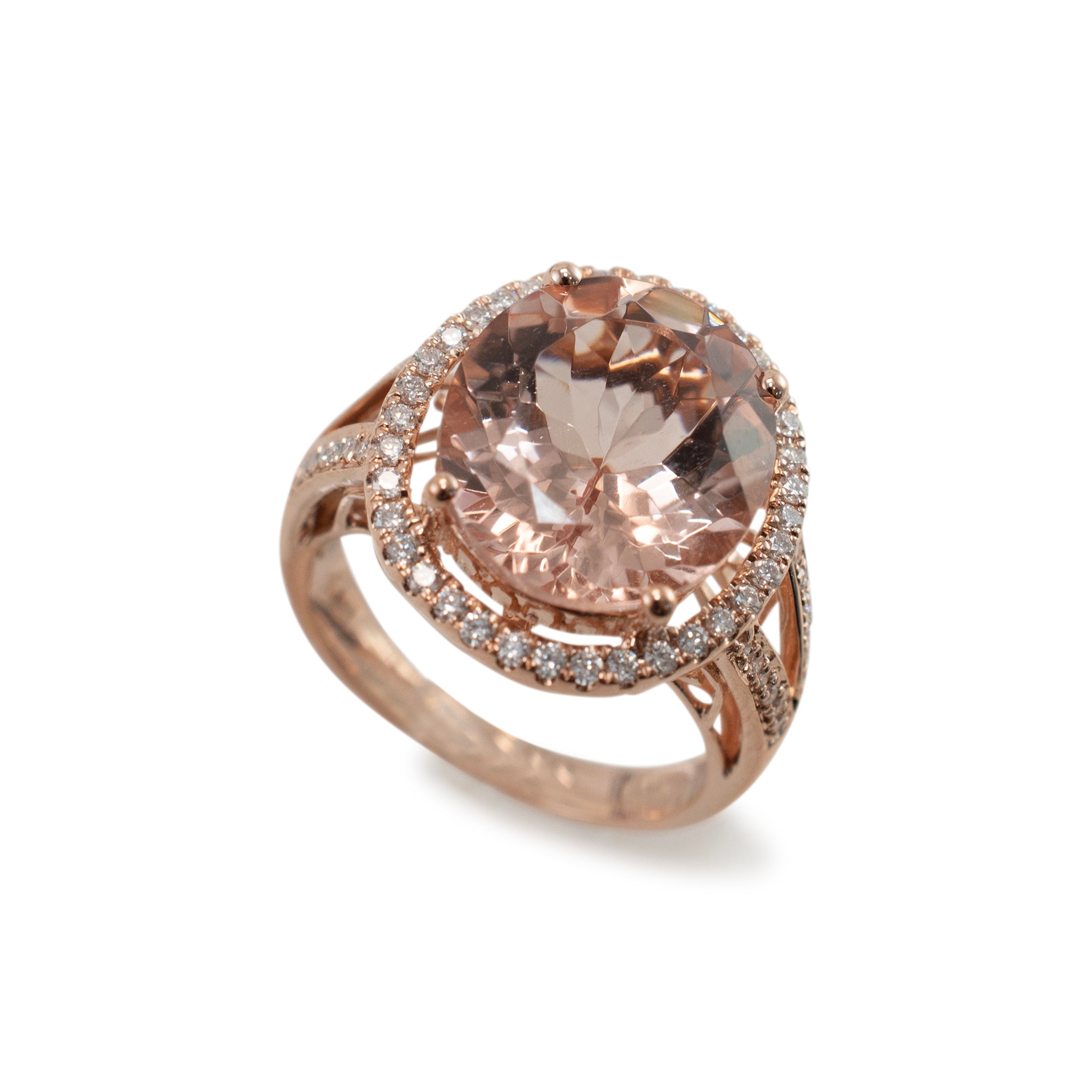 14K Rose Gold 7.38ct Morganite Halo Accented Diamond Cocktail Ring