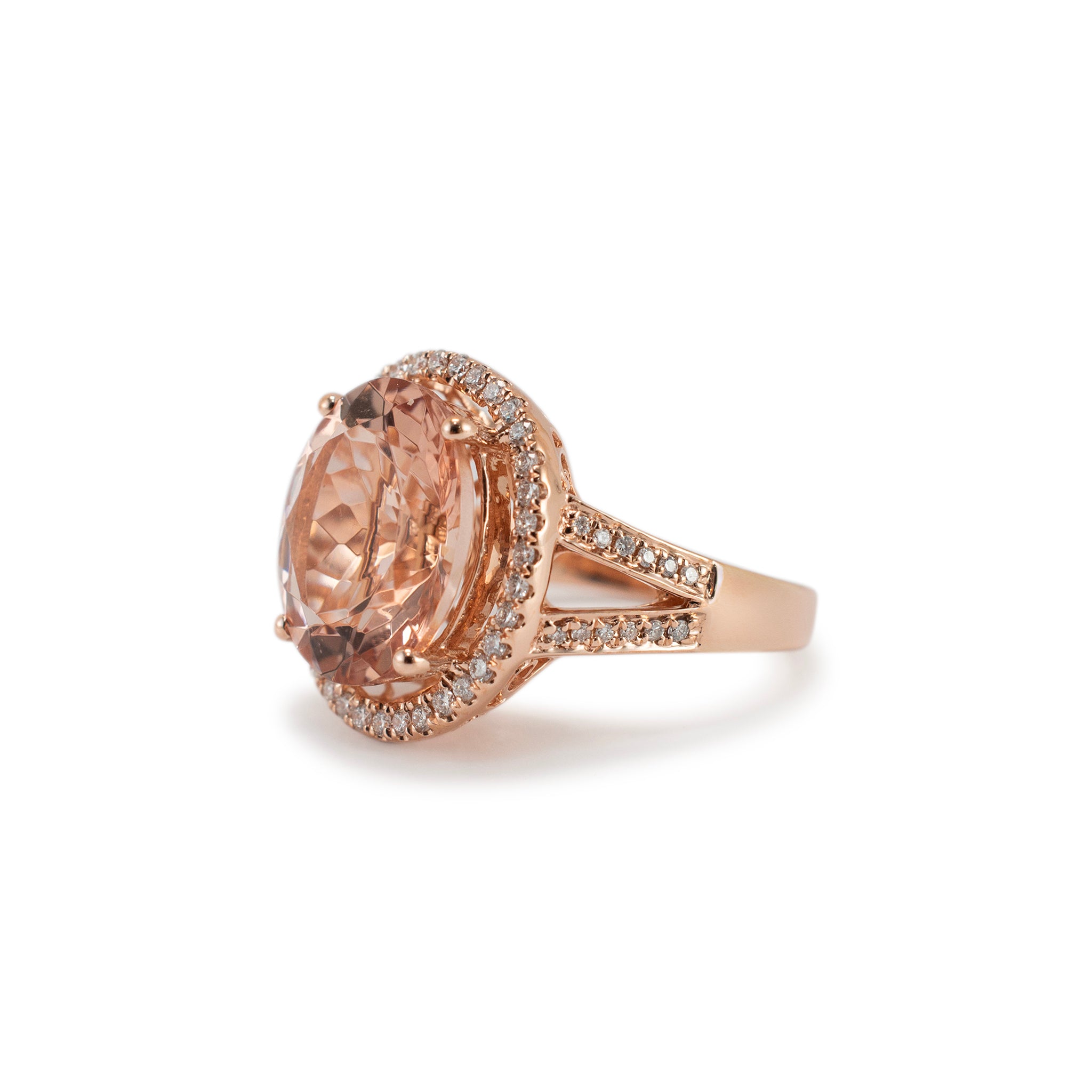 14K Rose Gold 7.38ct Morganite Halo Accented Diamond Cocktail Ring