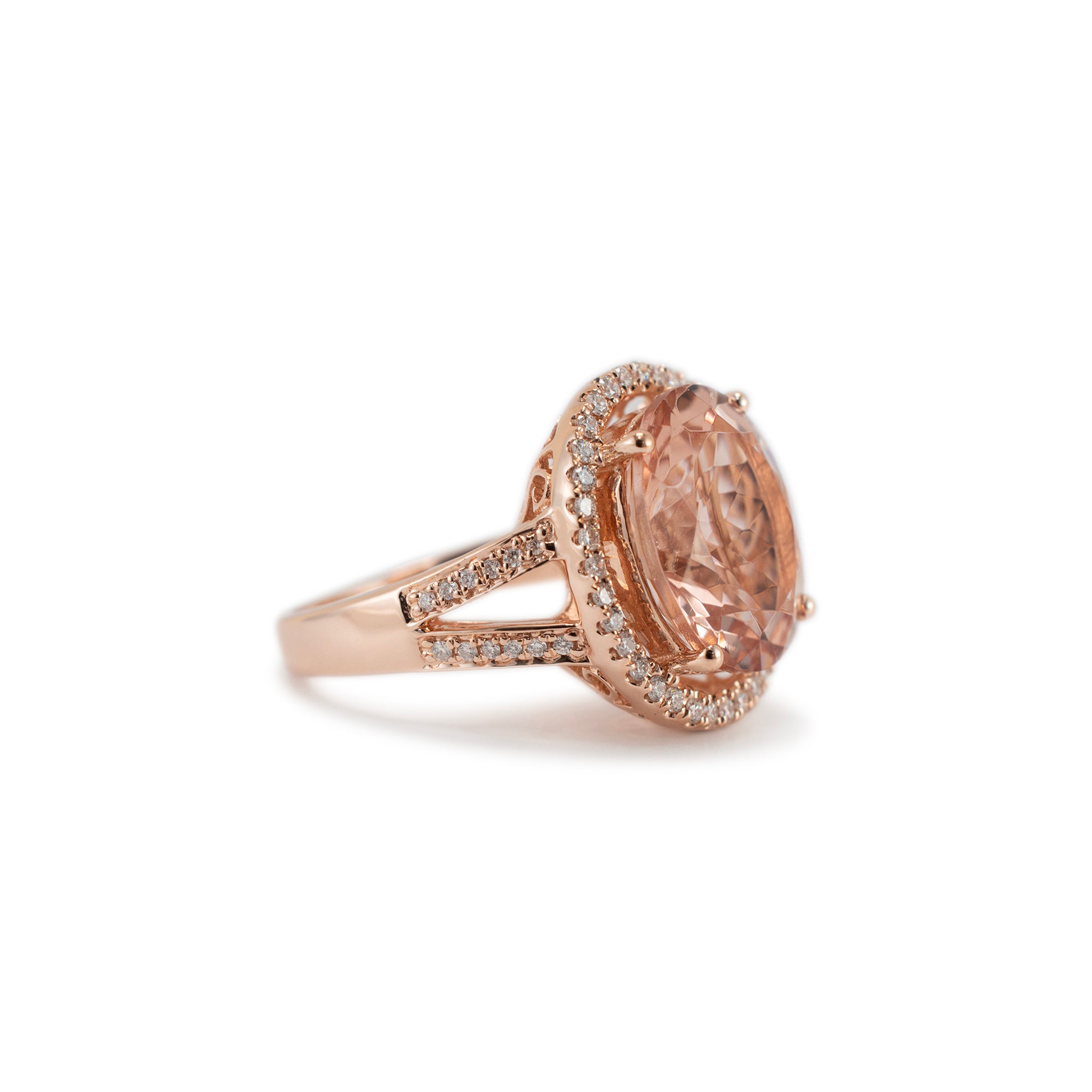 14K Rose Gold 7.38ct Morganite Halo Accented Diamond Cocktail Ring