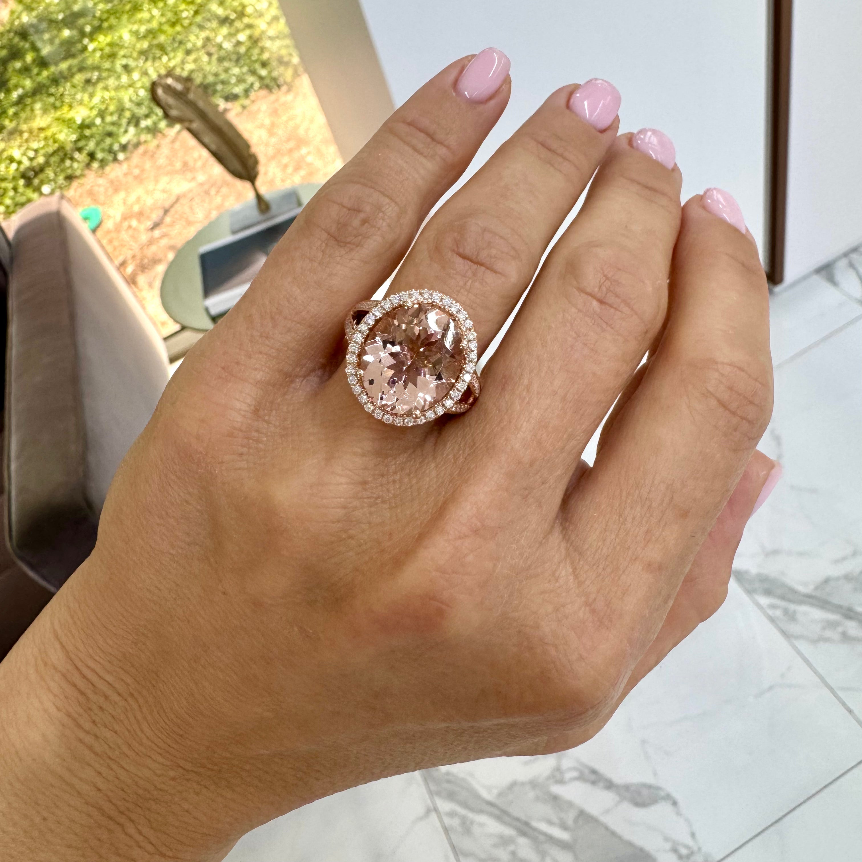 14K Rose Gold 7.38ct Morganite Halo Accented Diamond Cocktail Ring