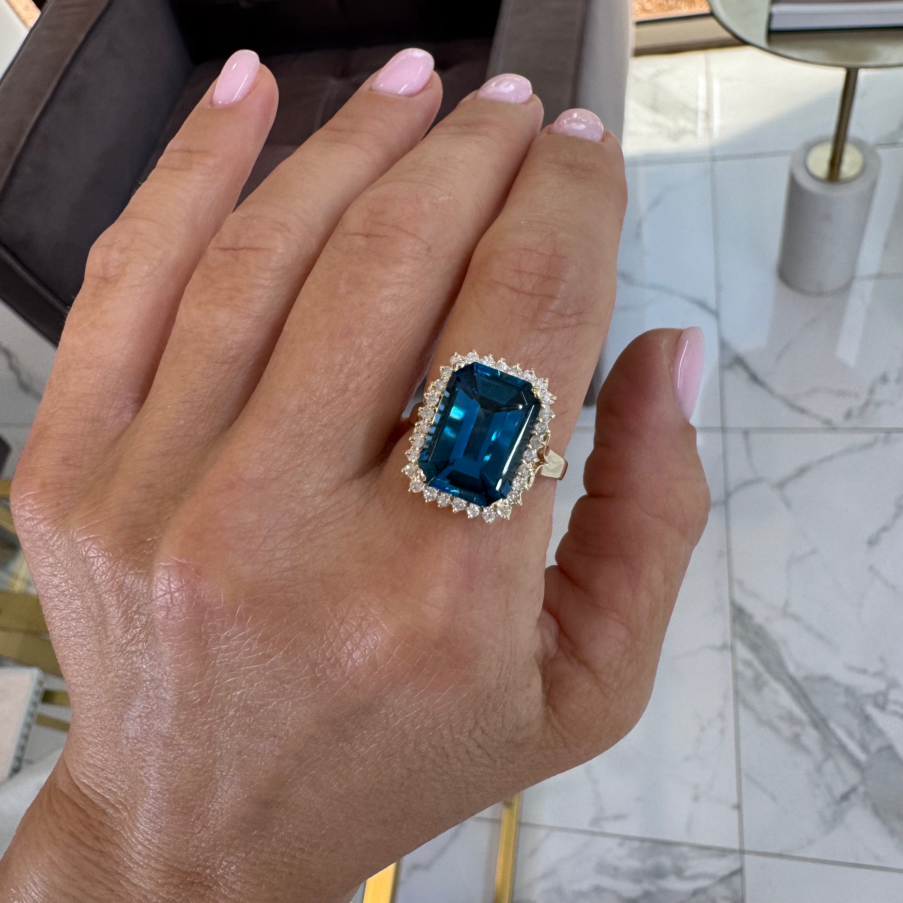 Ladies 14K Yellow Gold Topaz Halo Diamond Cocktail Ring