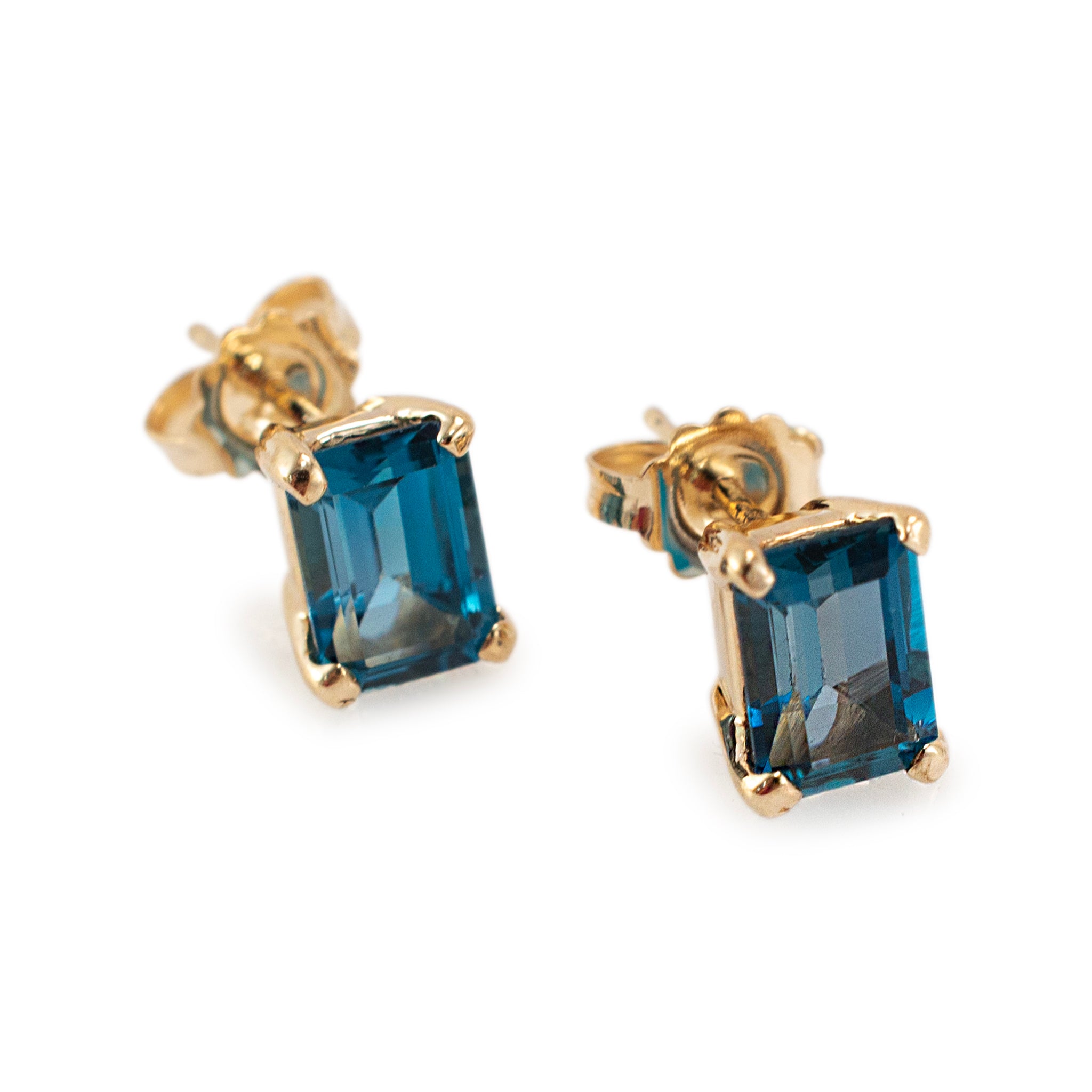 14K Yellow Gold Rectangular Blue Topaz Stud Earrings