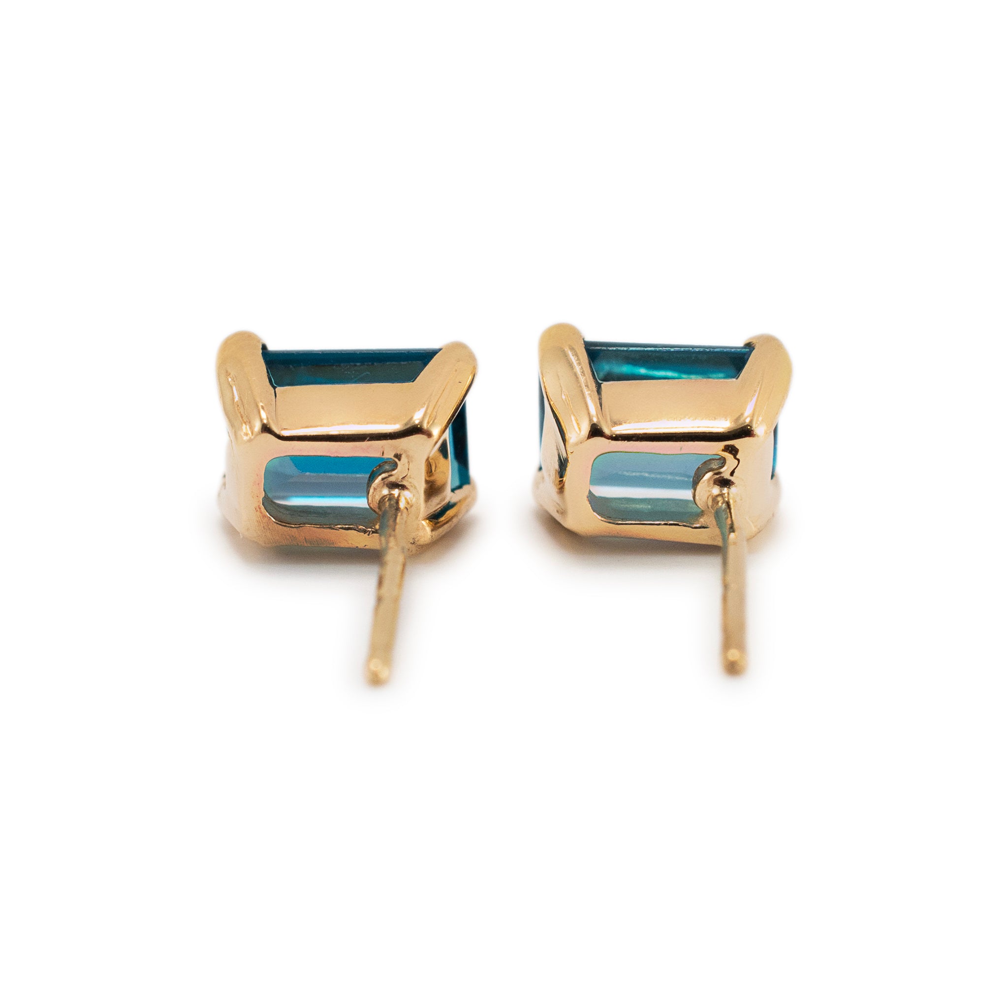 14K Yellow Gold Rectangular Blue Topaz Stud Earrings