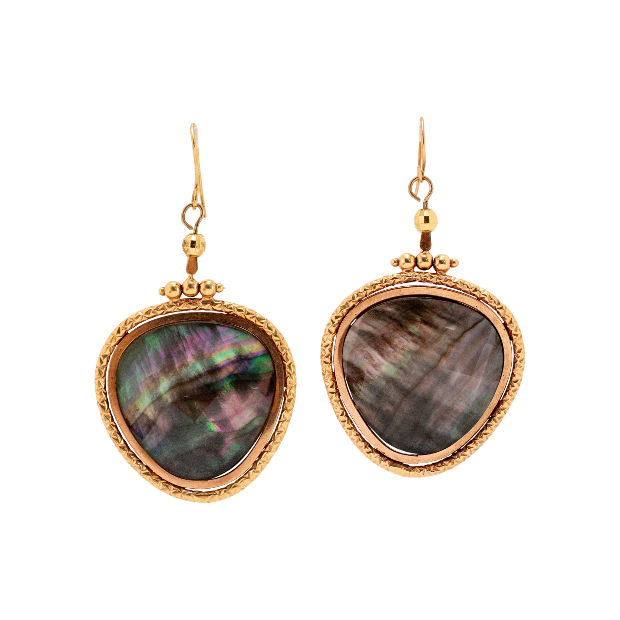 Ladies 14K Yellow Gold Labradorite Textured Drop Dangle Earrings