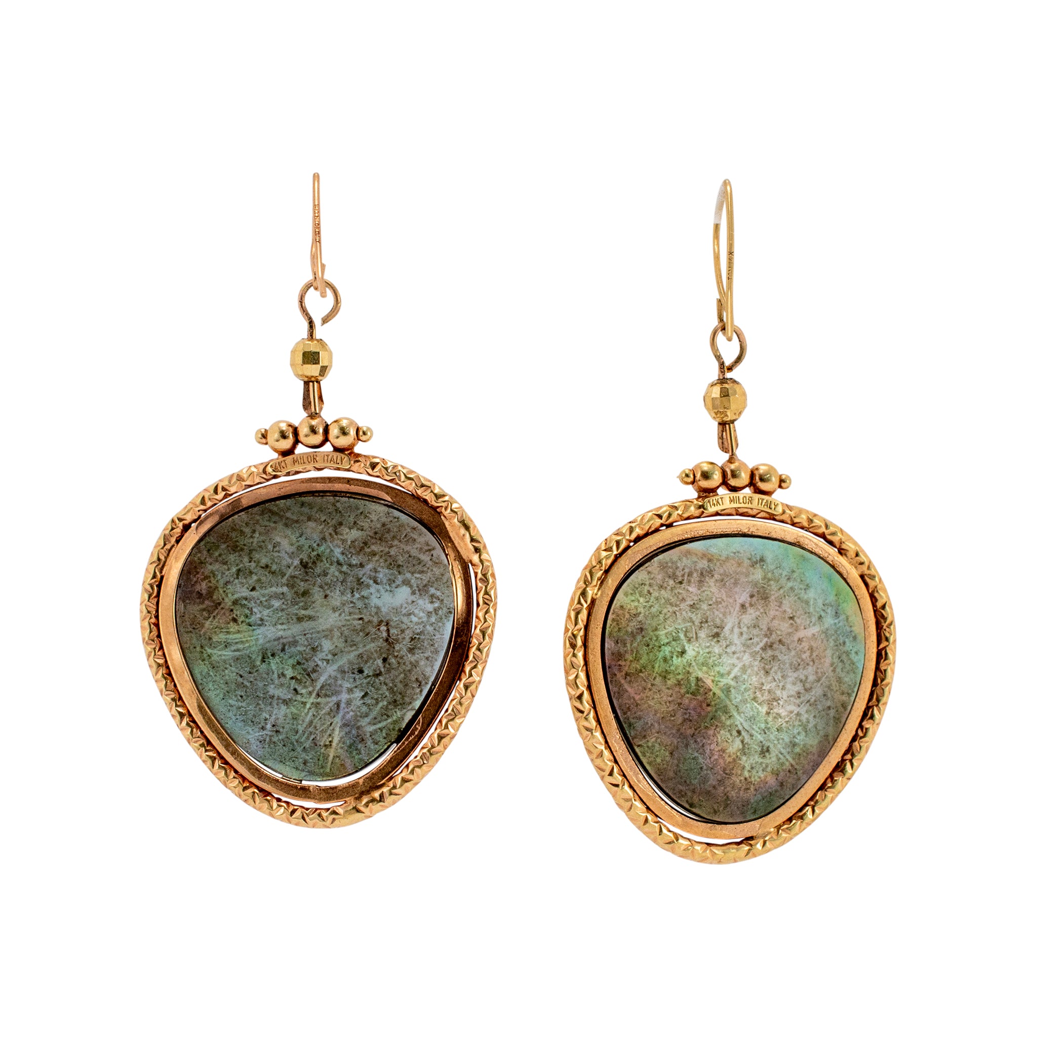 Ladies 14K Yellow Gold Labradorite Textured Drop Dangle Earrings