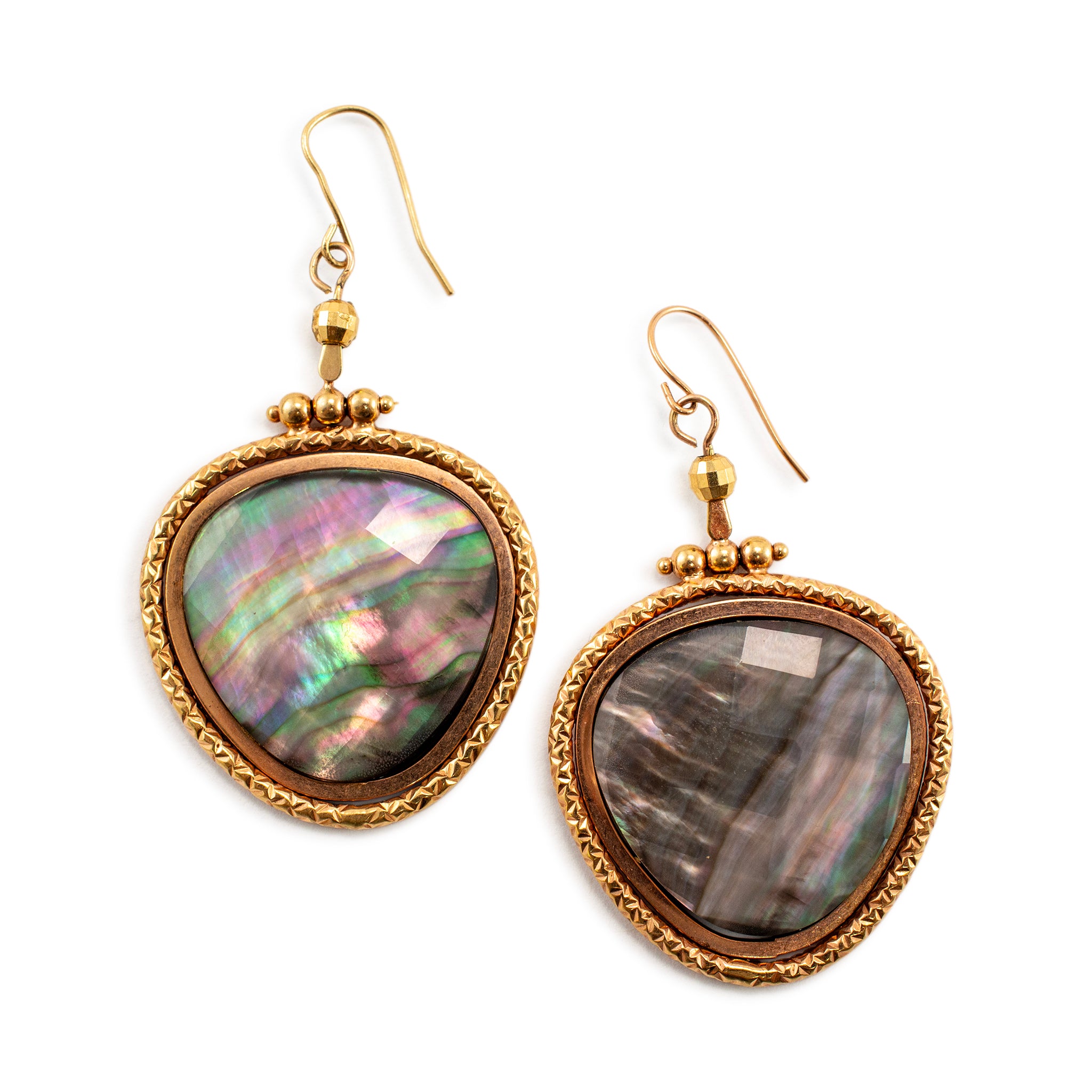 Ladies 14K Yellow Gold Labradorite Textured Drop Dangle Earrings