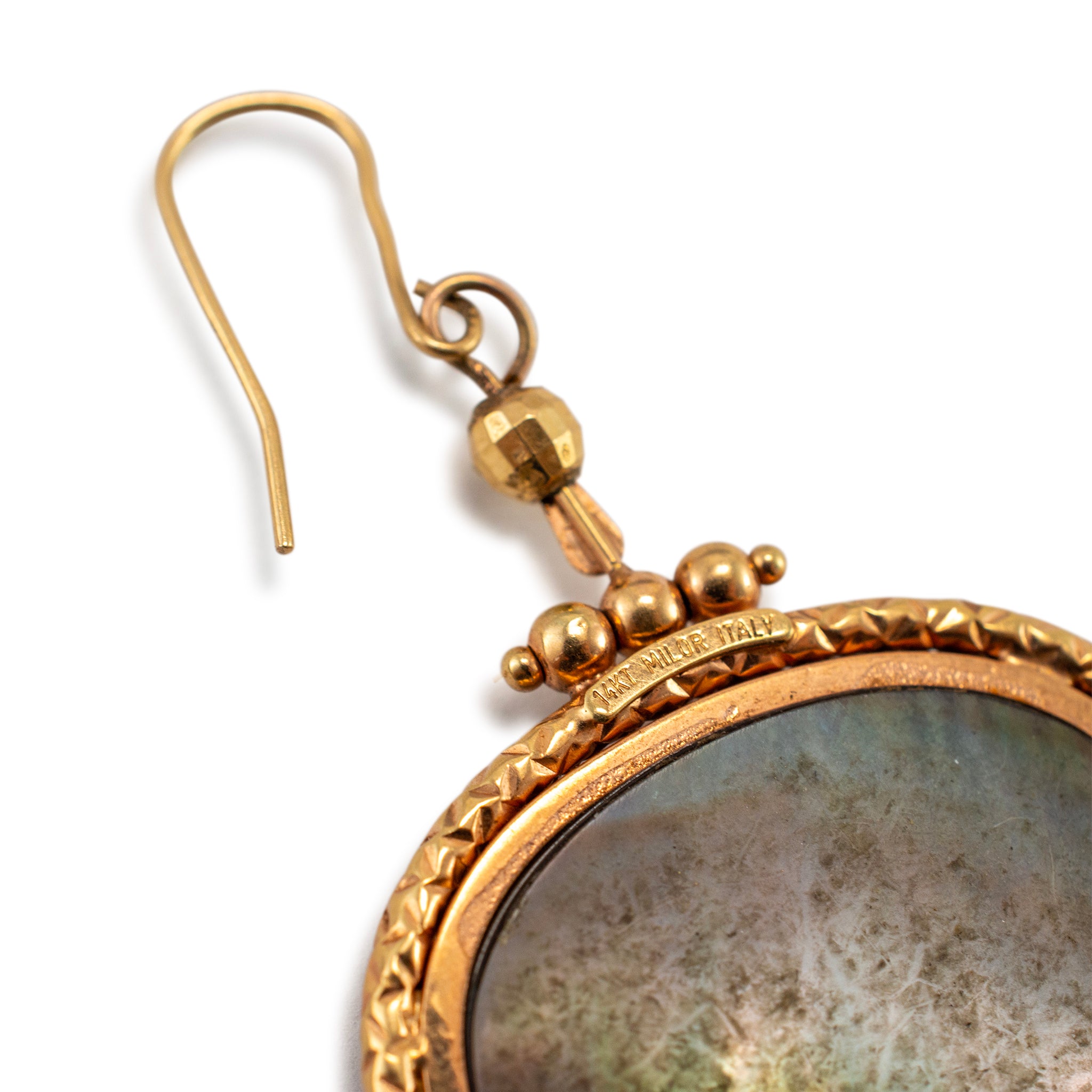 Ladies 14K Yellow Gold Labradorite Textured Drop Dangle Earrings