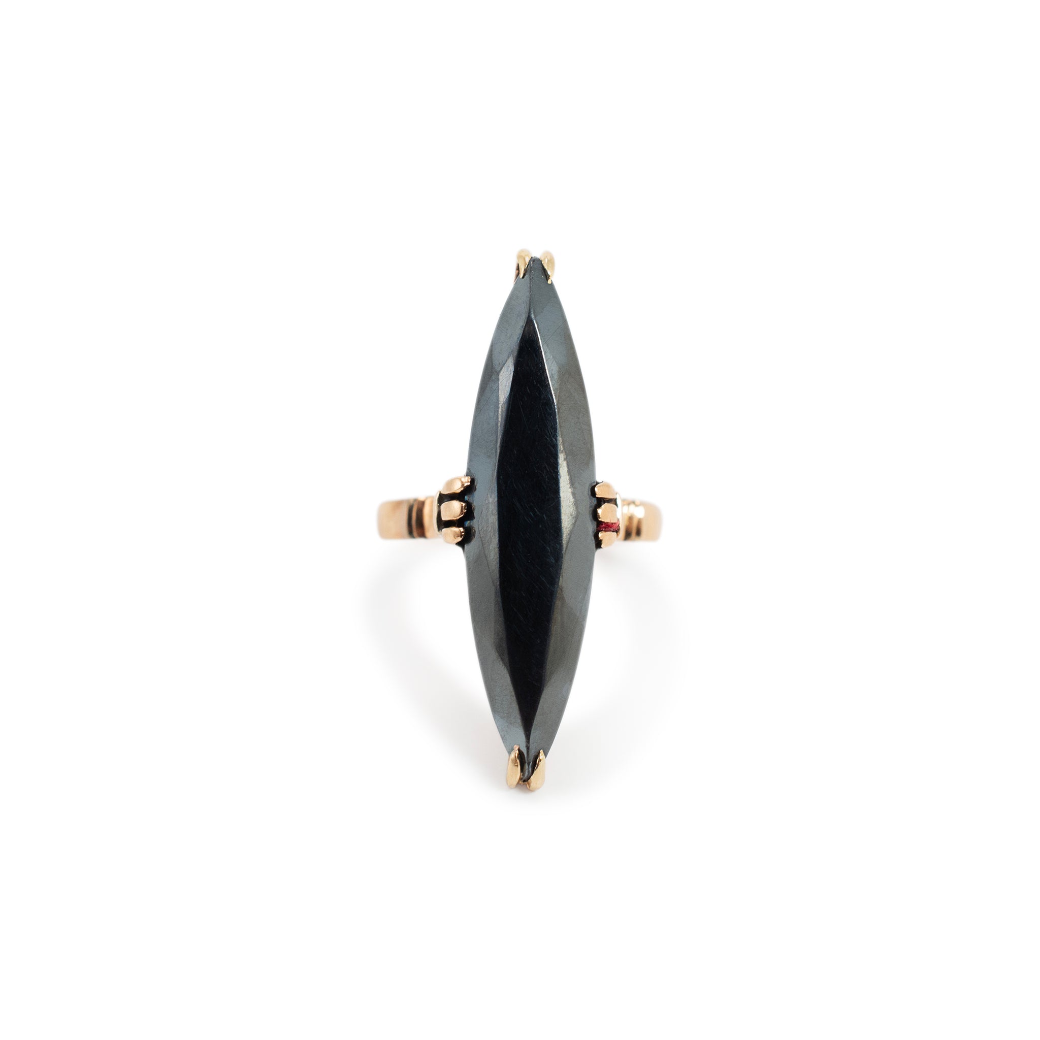 Vintage 14K Yellow Gold Marquise Shaped Hematite Cocktail Ring