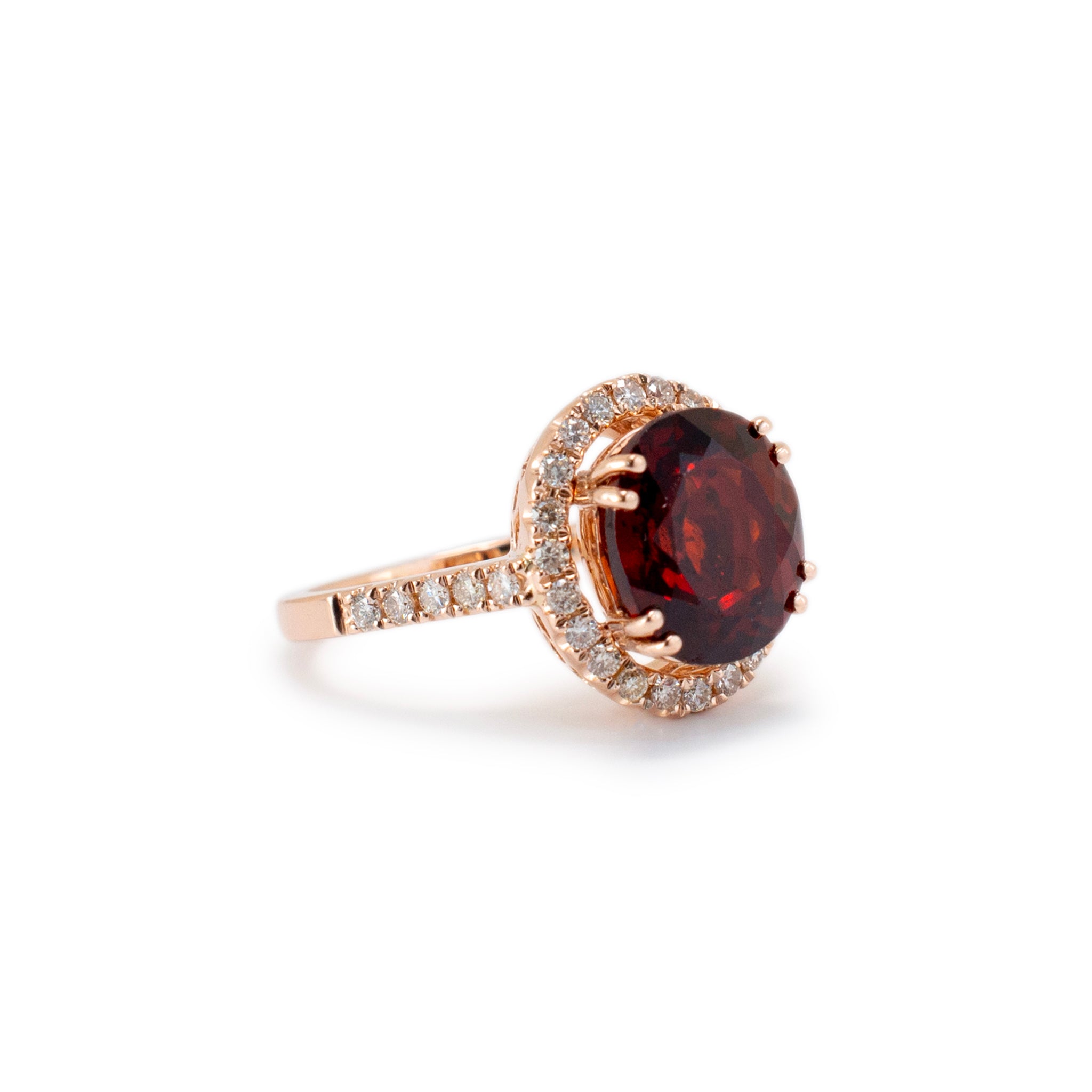 Ladies 14K Rose Gold Garnet Halo Diamond Cocktail Ring