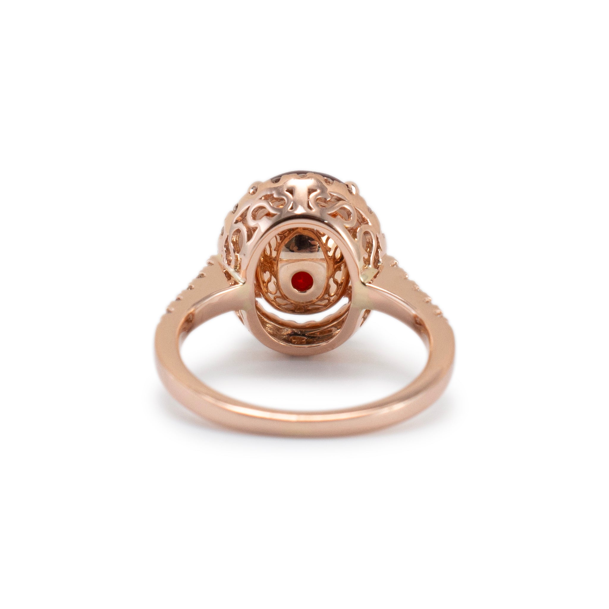 Ladies 14K Rose Gold Garnet Halo Diamond Cocktail Ring