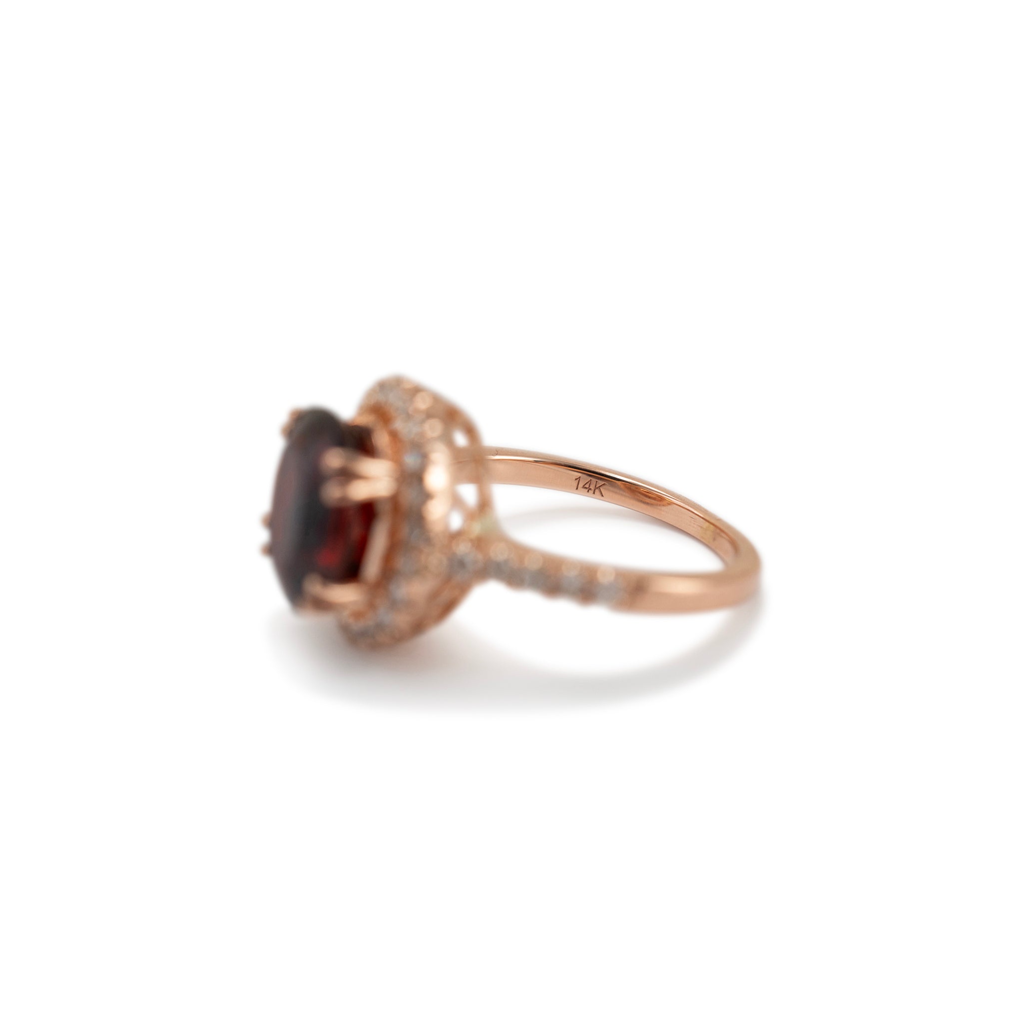 Ladies 14K Rose Gold Garnet Halo Diamond Cocktail Ring