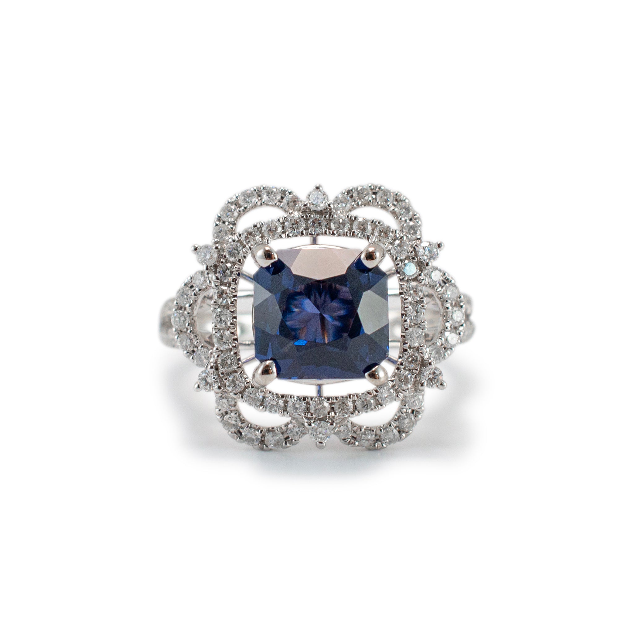 Ladies 14K White Gold Blue Spinel Halo Diamond Flower Cocktail Ring