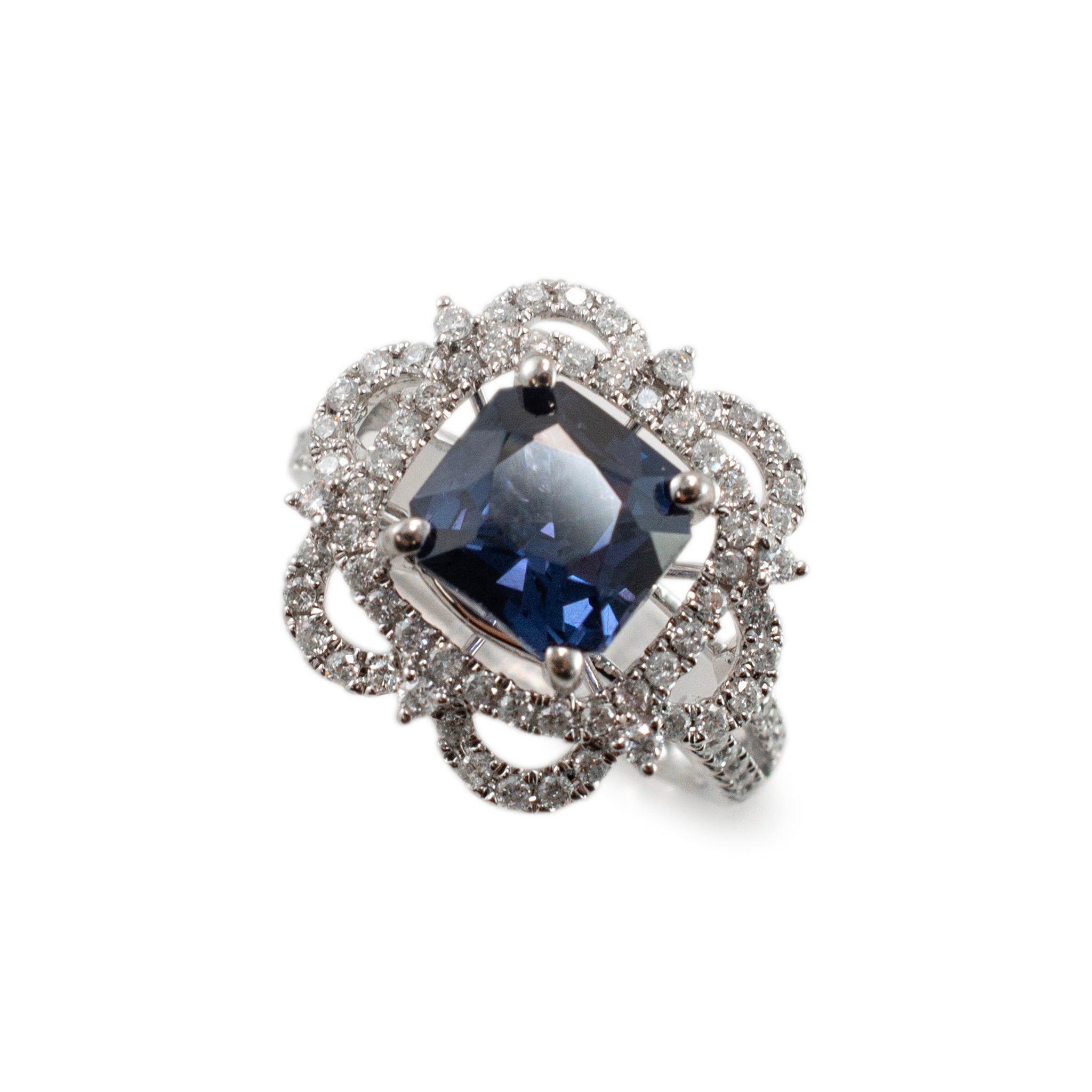 Ladies 14K White Gold Blue Spinel Halo Diamond Flower Cocktail Ring
