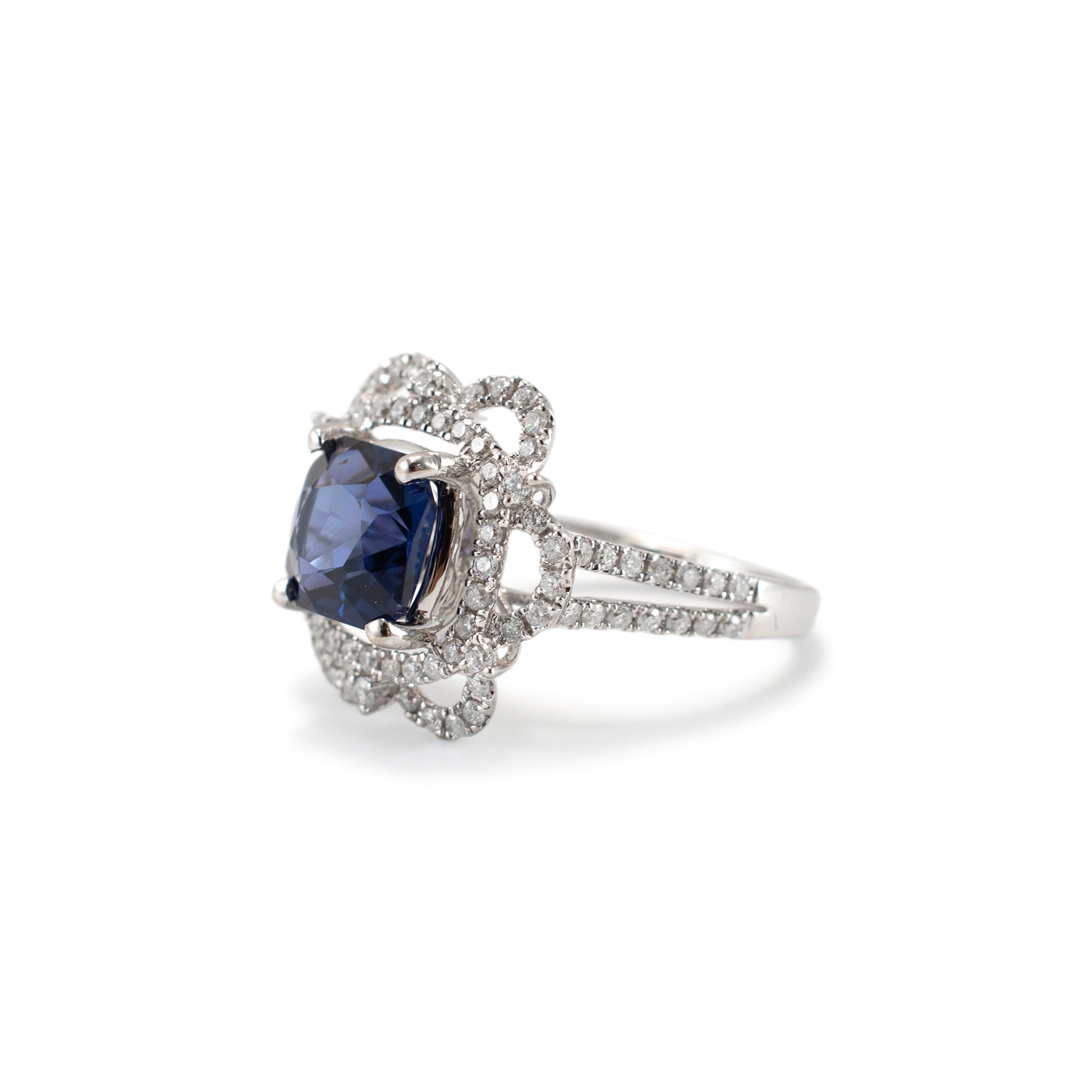Ladies 14K White Gold Blue Spinel Halo Diamond Flower Cocktail Ring