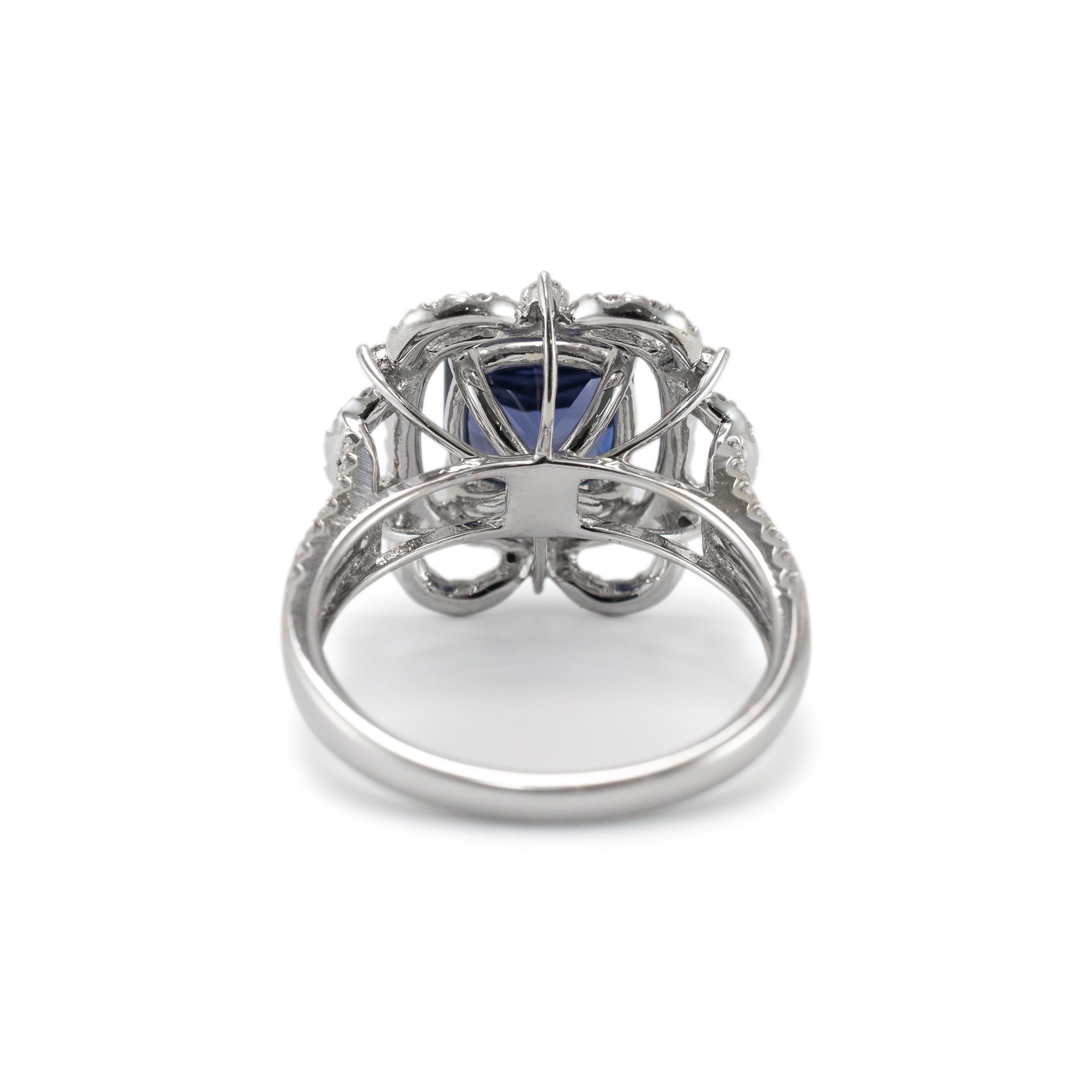 Ladies 14K White Gold Blue Spinel Halo Diamond Flower Cocktail Ring