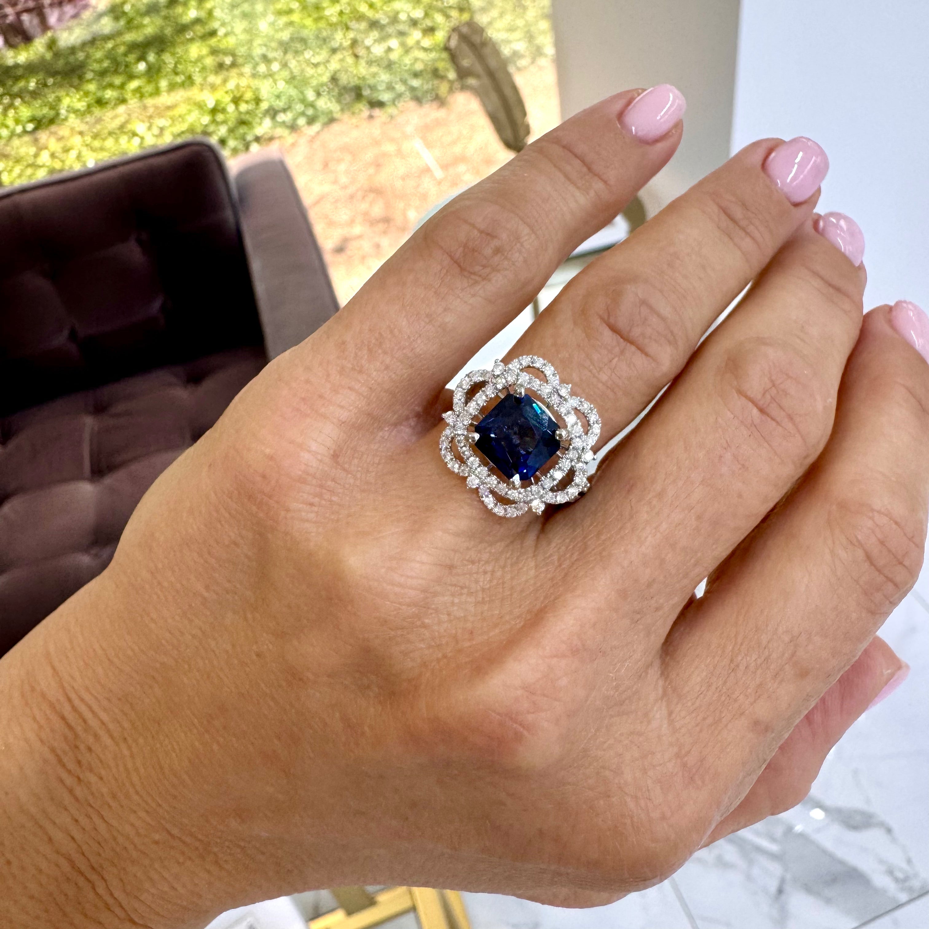 Ladies 14K White Gold Blue Spinel Halo Diamond Flower Cocktail Ring