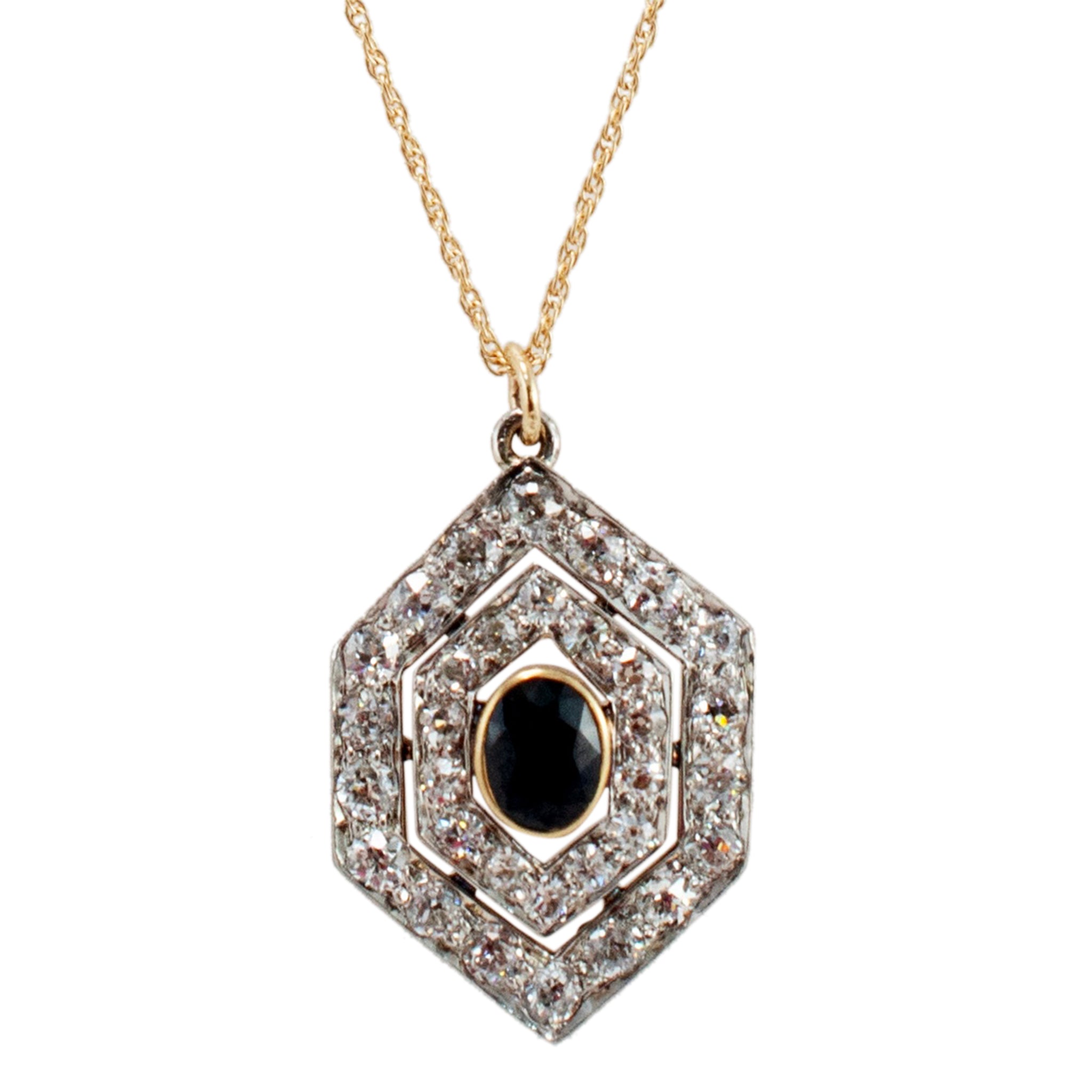 Antique 14K Yellow Gold Sapphire Diamond Drop Pendant Necklace