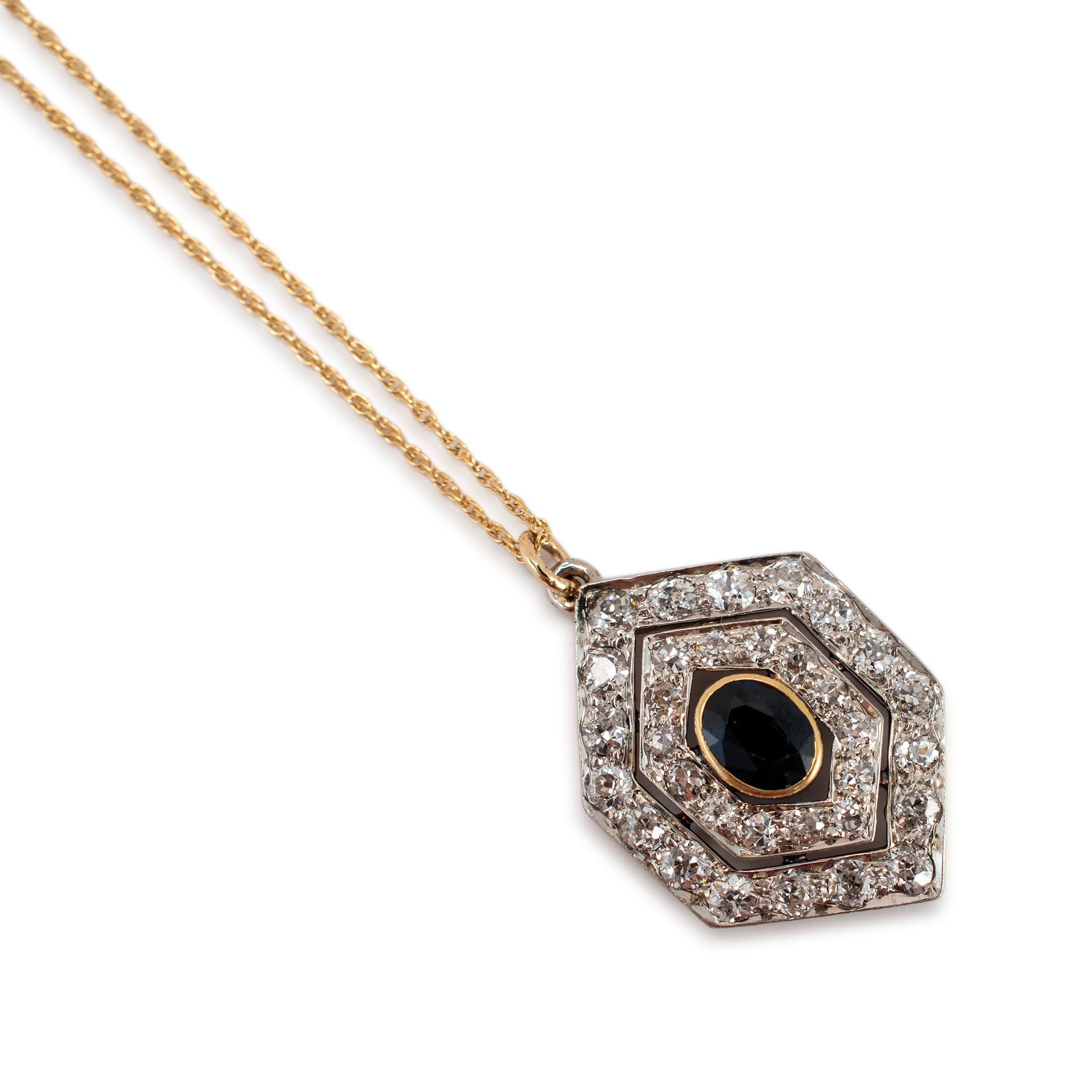Antique 14K Yellow Gold Sapphire Diamond Drop Pendant Necklace