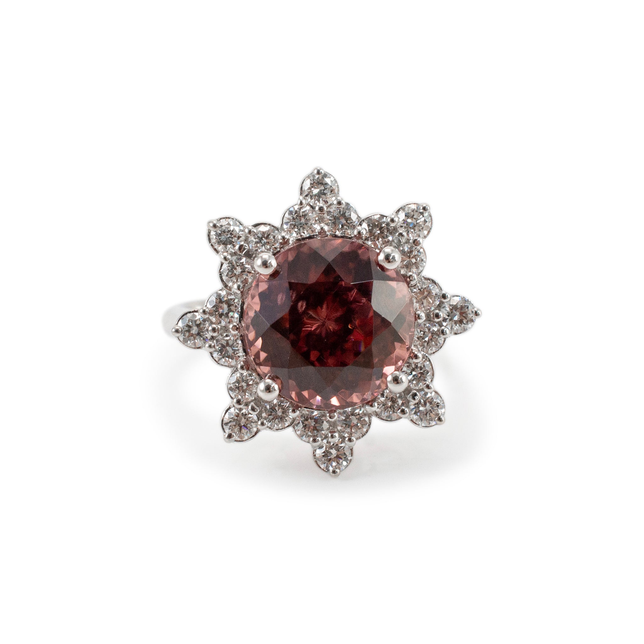 Ladies 18K White Gold Burgundy Spinel Halo Diamond Flower Cocktail Ring