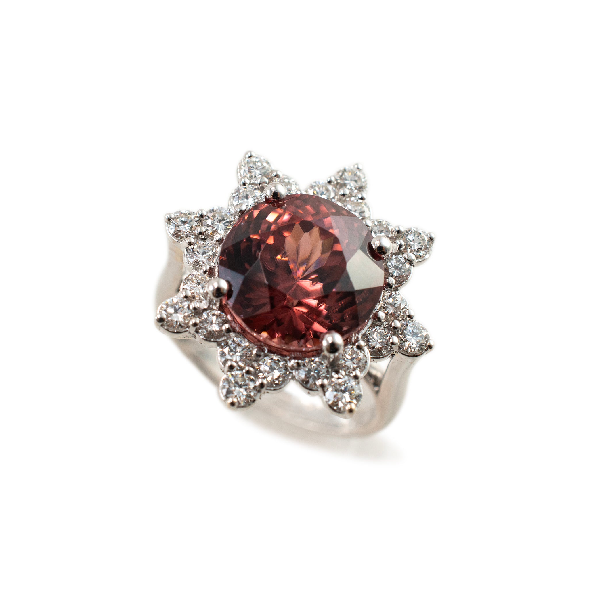 Ladies 18K White Gold Burgundy Spinel Halo Diamond Flower Cocktail Ring