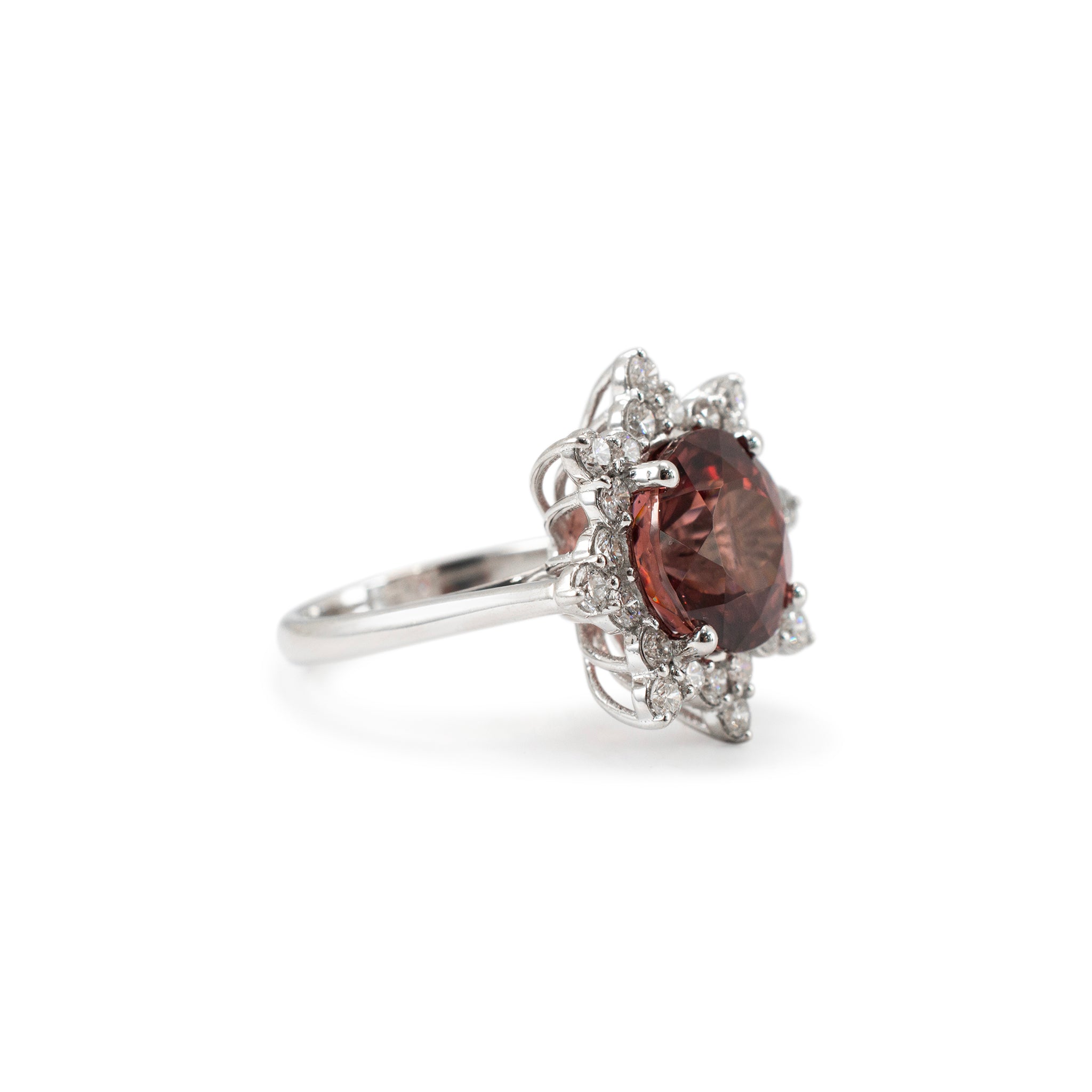 Ladies 18K White Gold Burgundy Spinel Halo Diamond Flower Cocktail Ring