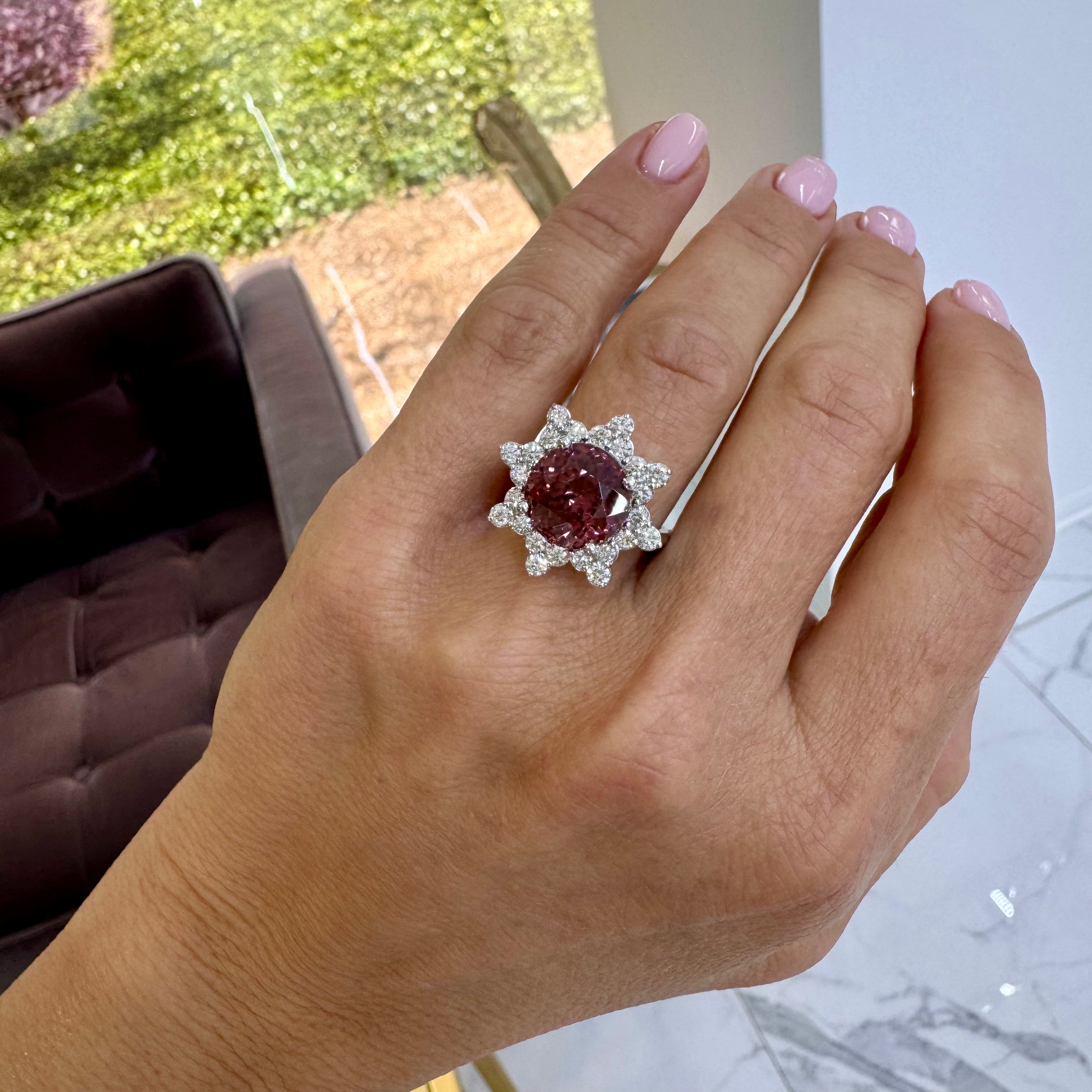 Ladies 18K White Gold Burgundy Spinel Halo Diamond Flower Cocktail Ring