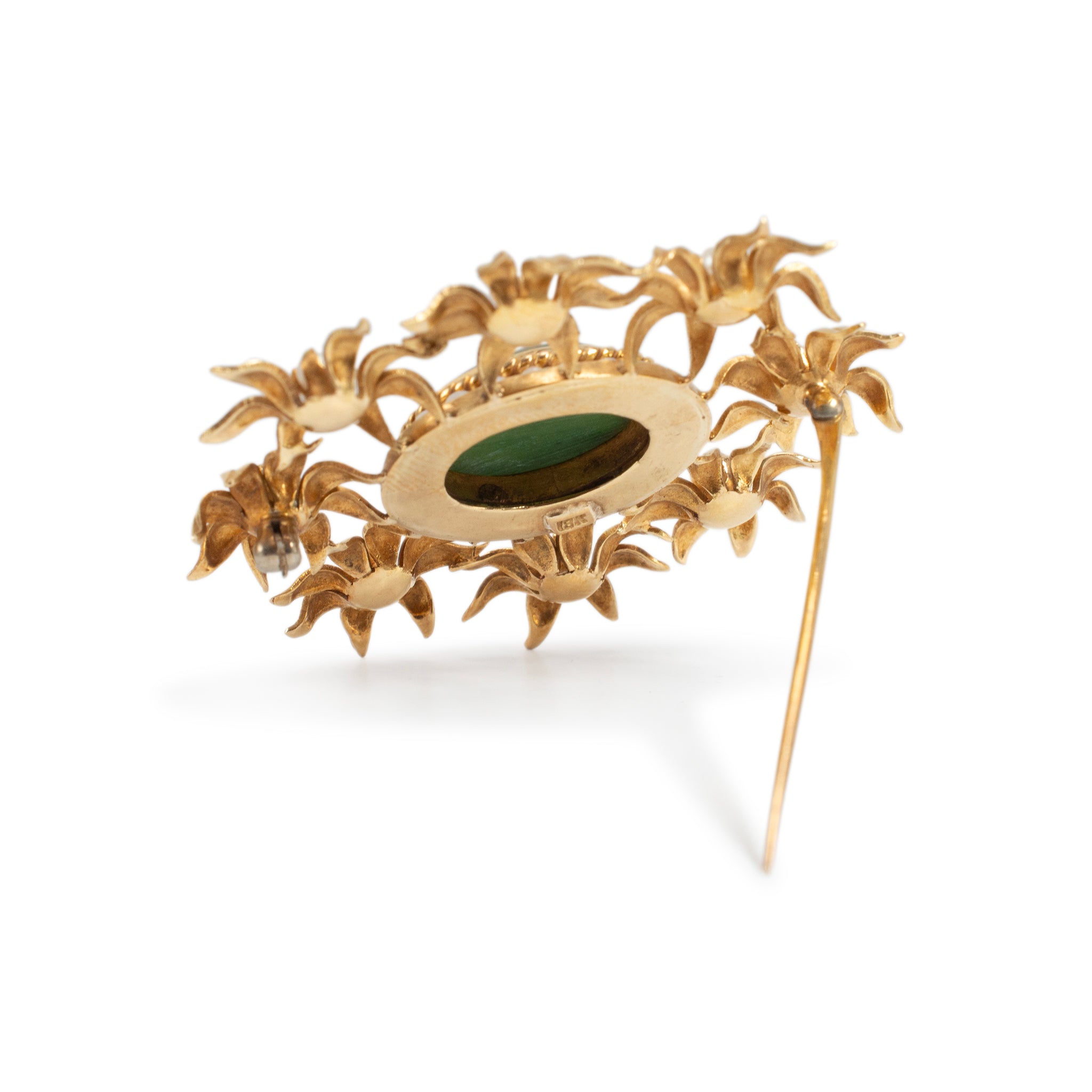 Vintage 18K Yellow Gold Green Nephrite Halo Pearls Floral Brooch