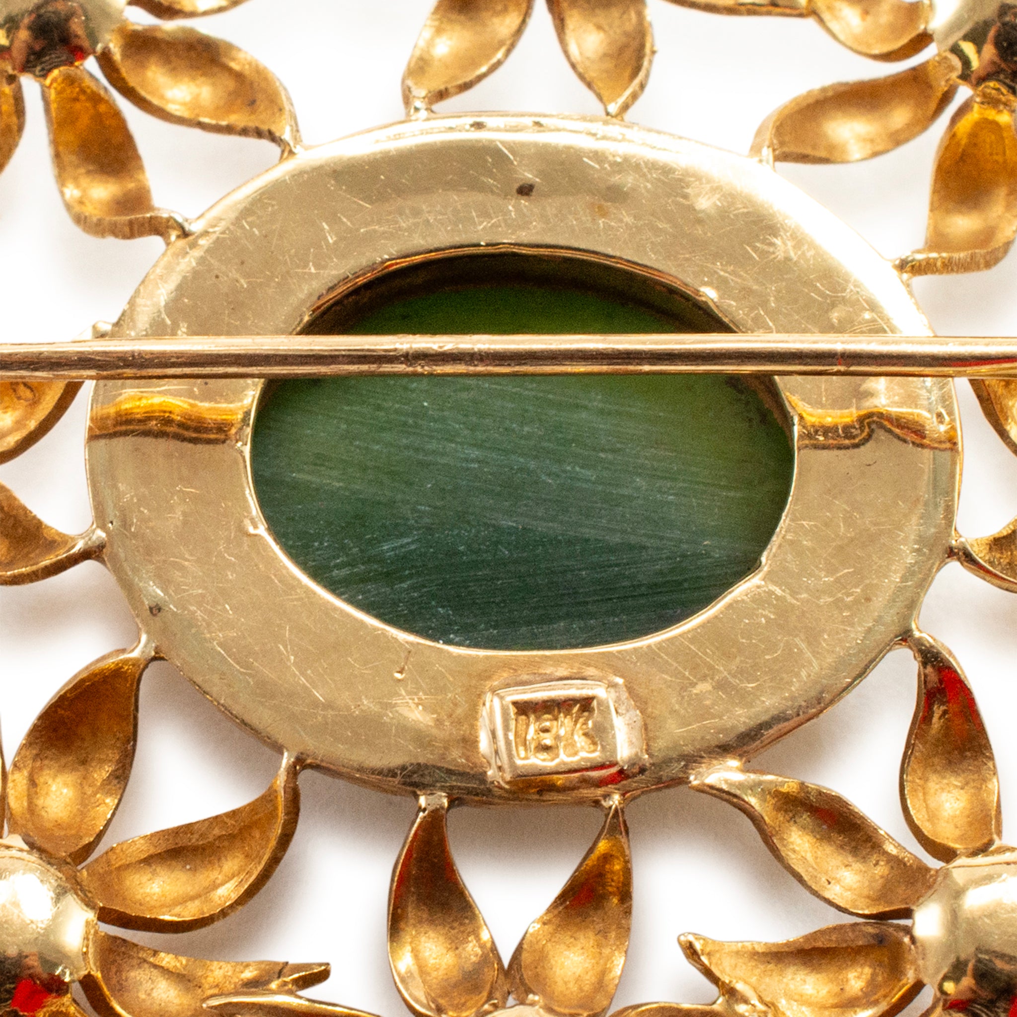 Vintage 18K Yellow Gold Green Nephrite Halo Pearls Floral Brooch