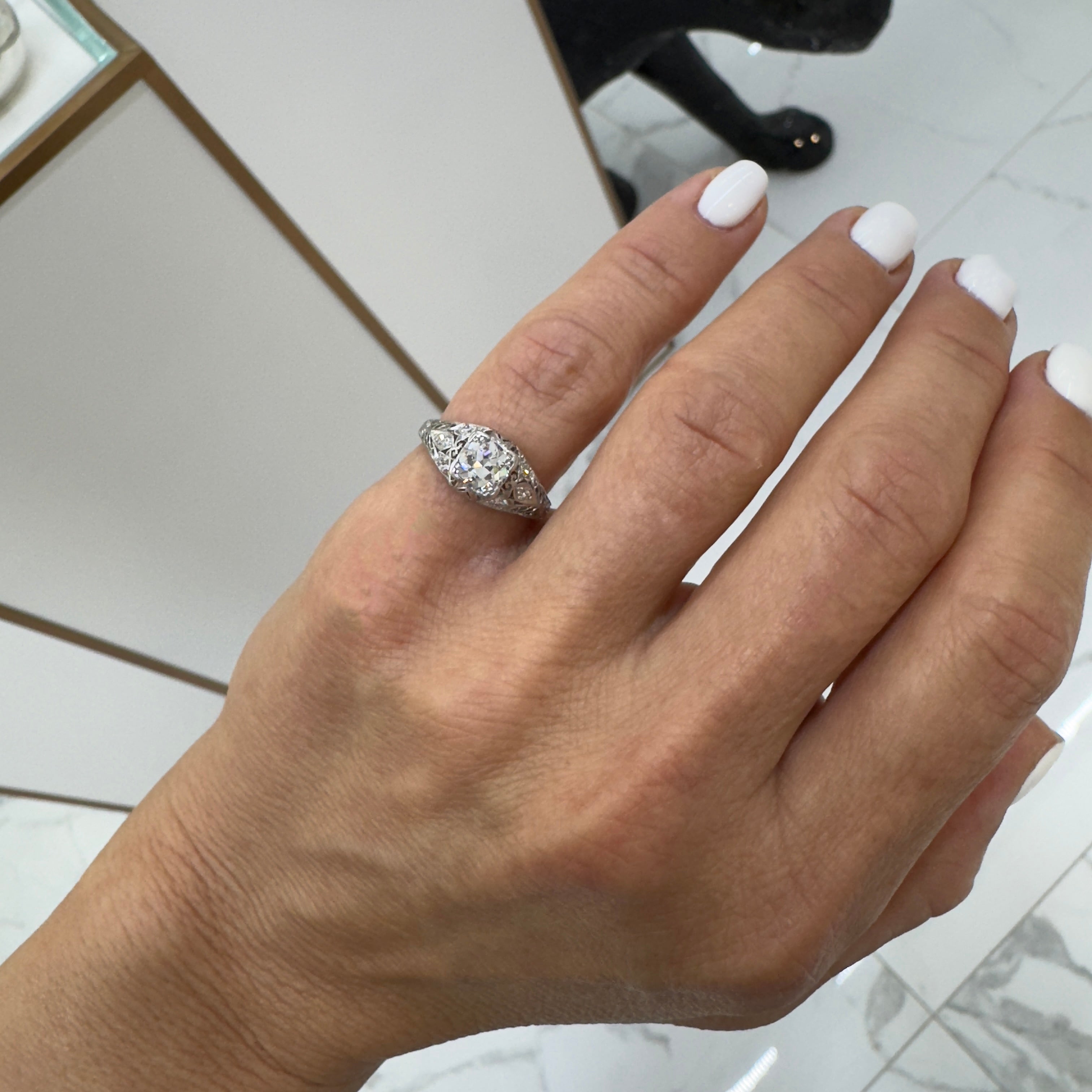 Antique Filigreed Platinum 0.74ct Old European Cut Diamond Engagement Ring