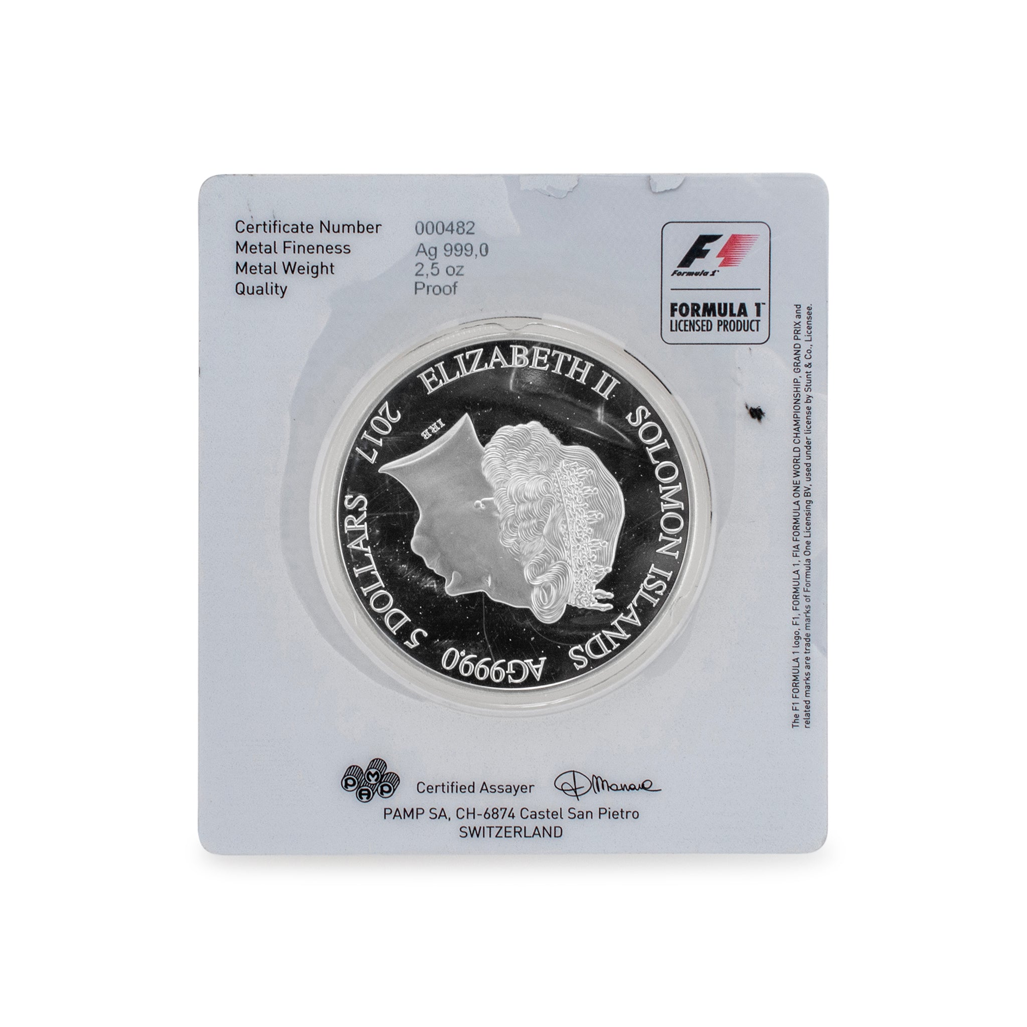 2017 Formula 1 Racing Pamp Suisse Solomon Isla 2.5oz 999 Fine Silver Round