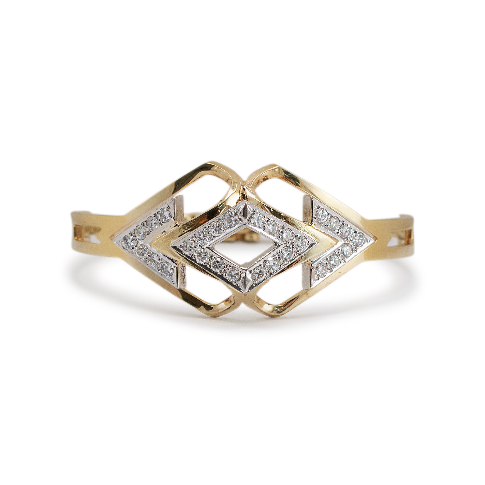 Vintage 14K Yellow & White Gold Two Tone Geometric Diamond Bangle Bracelet