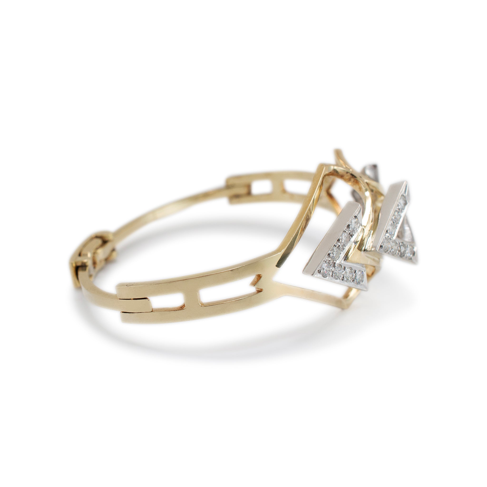 Vintage 14K Yellow & White Gold Two Tone Geometric Diamond Bangle Bracelet