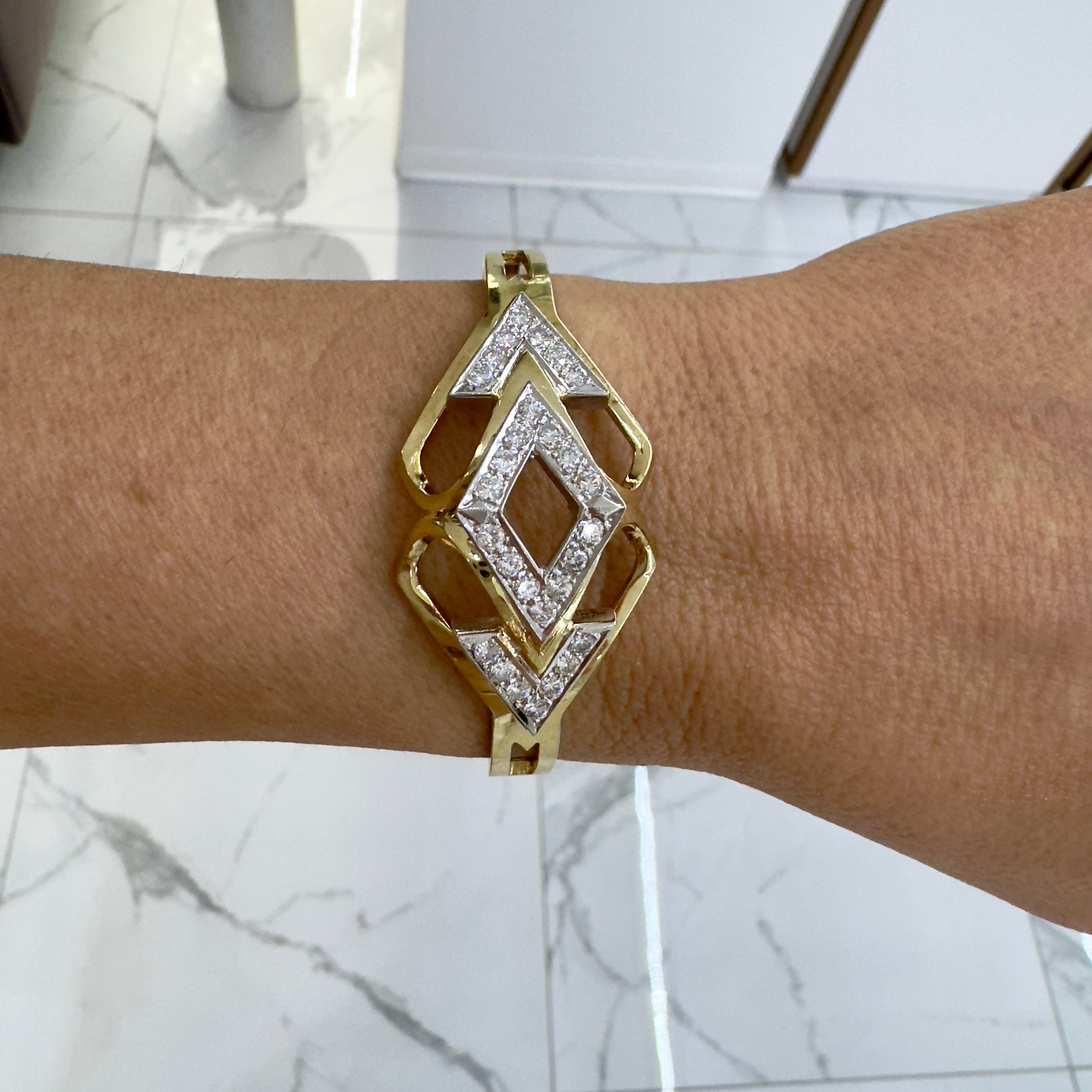 Vintage 14K Yellow & White Gold Two Tone Geometric Diamond Bangle Bracelet