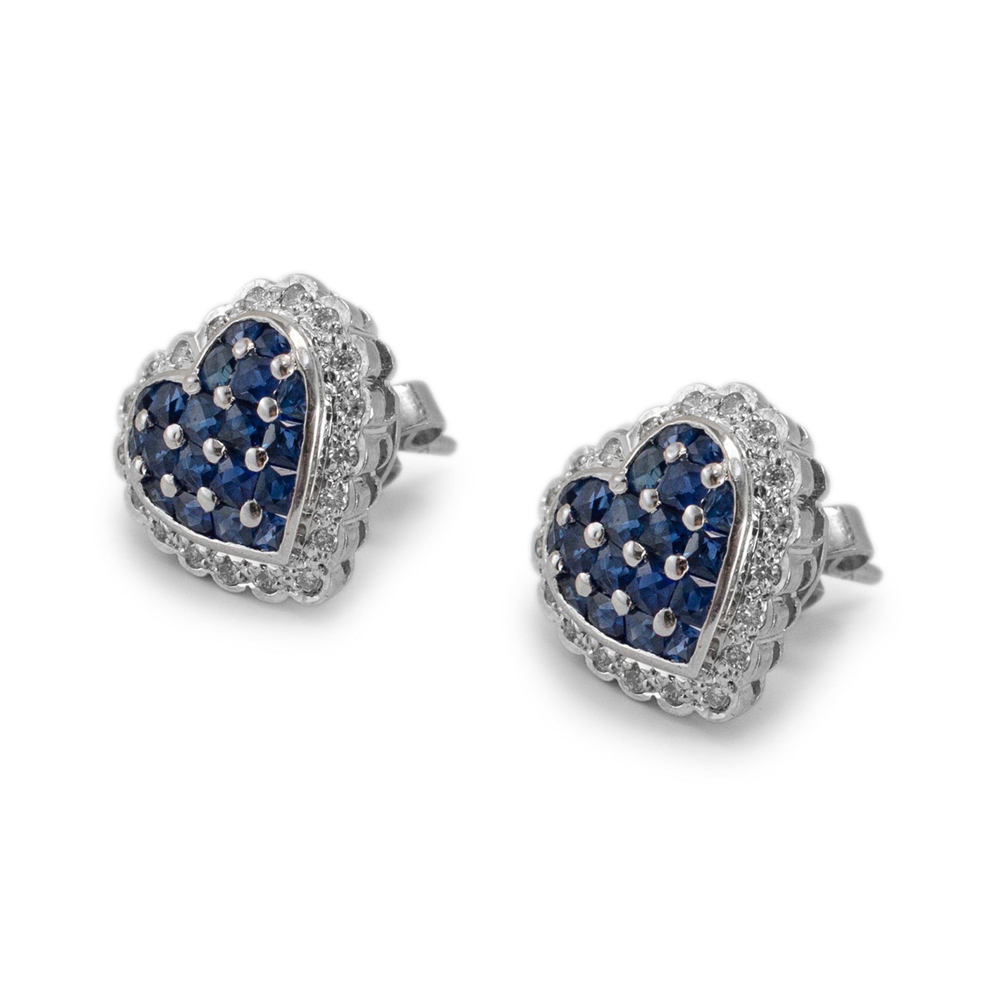 18K White Gold Sapphire Halo Diamond Heart Stud Earrings