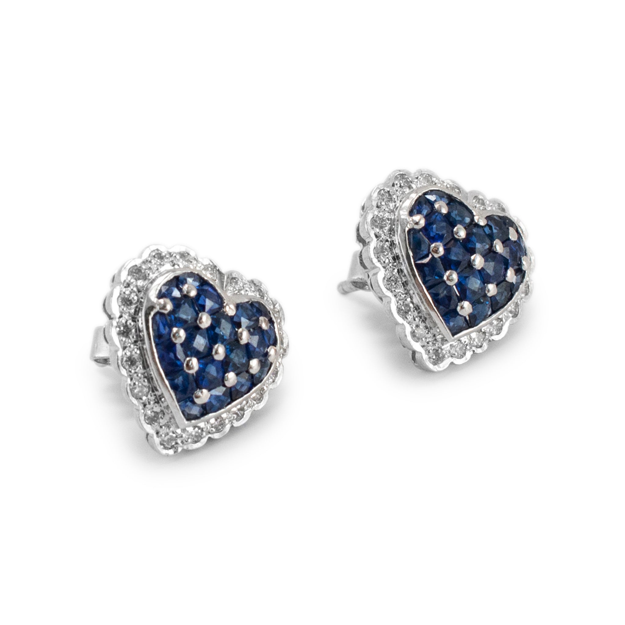 18K White Gold Sapphire Halo Diamond Heart Stud Earrings
