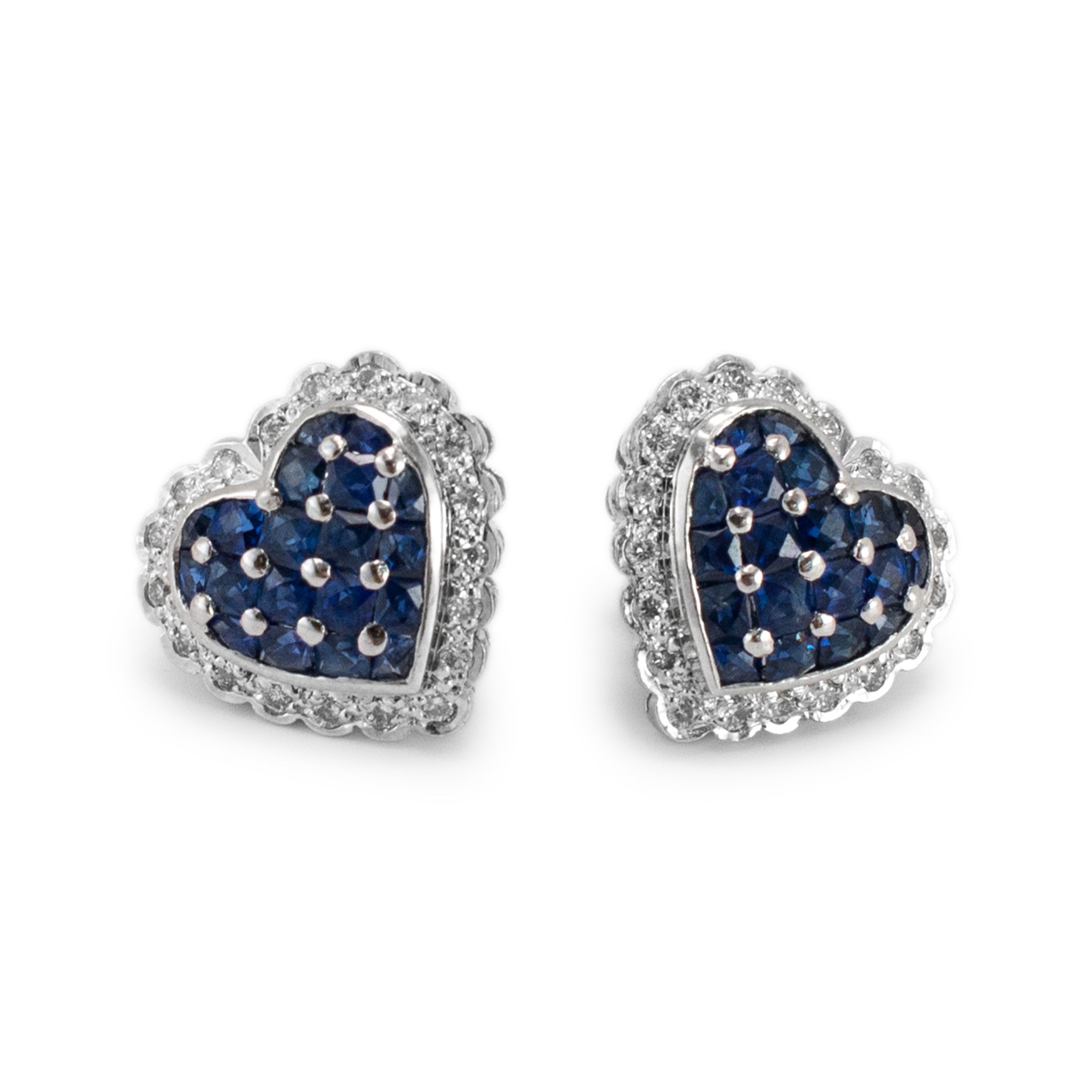 18K White Gold Sapphire Halo Diamond Heart Stud Earrings