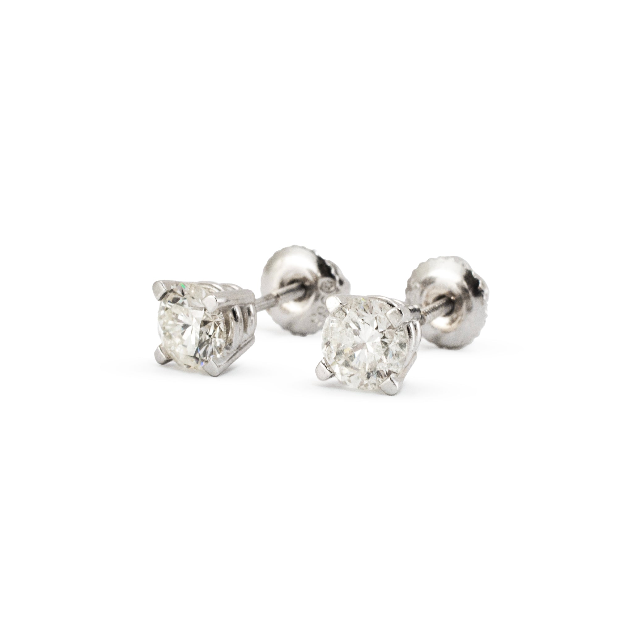 14K White Gold 4 Prong Screw Back 1.08 CT Round Diamond Stud Earrings