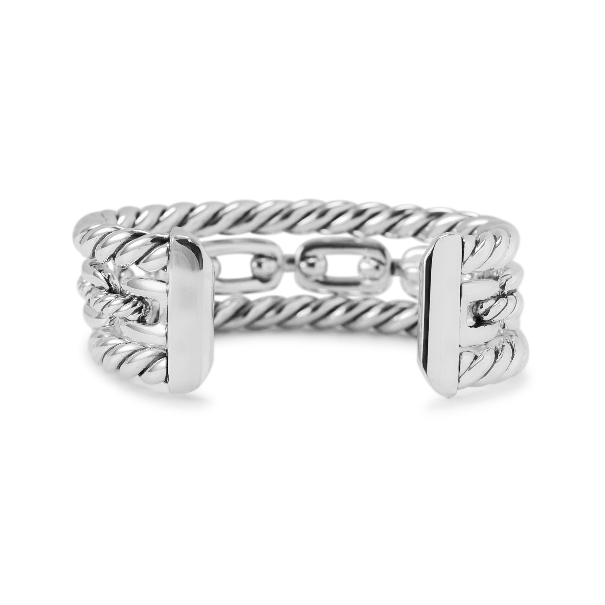 David Yurman 925 Silver Wellesley Three-Row Diamond Cuff Bangle Bracelet
