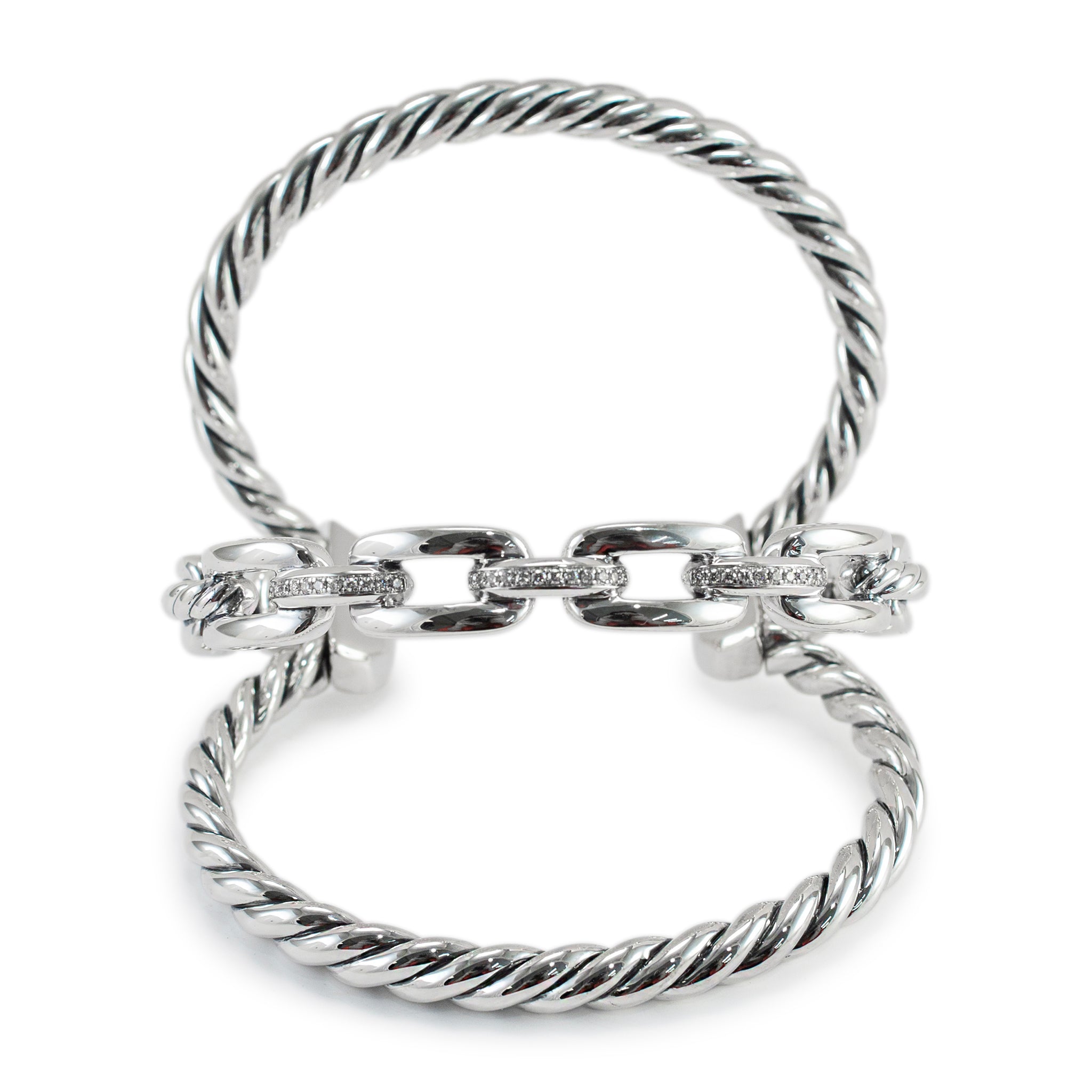 David Yurman 925 Silver Wellesley Three-Row Diamond Cuff Bangle Bracelet