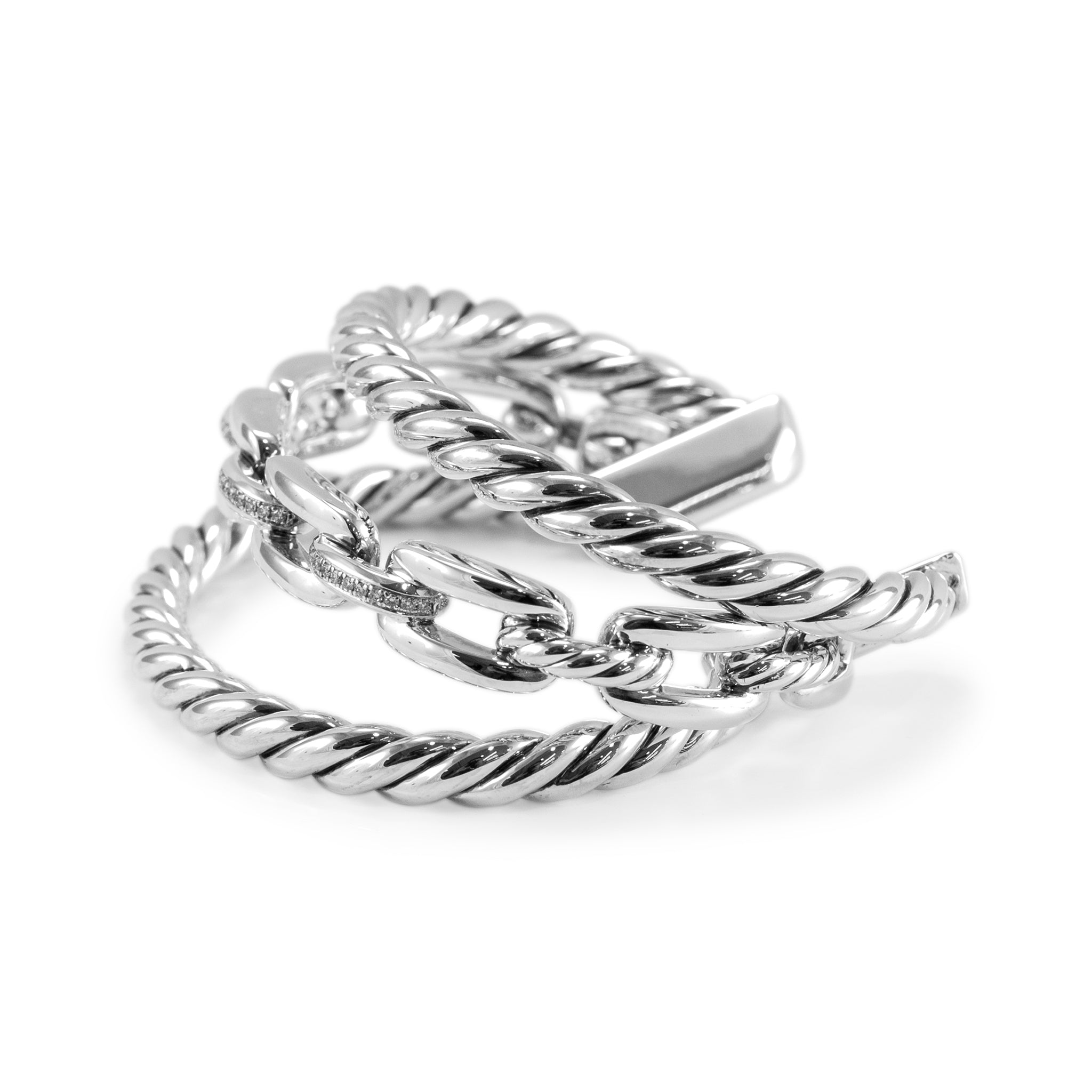 David Yurman 925 Silver Wellesley Three-Row Diamond Cuff Bangle Bracelet