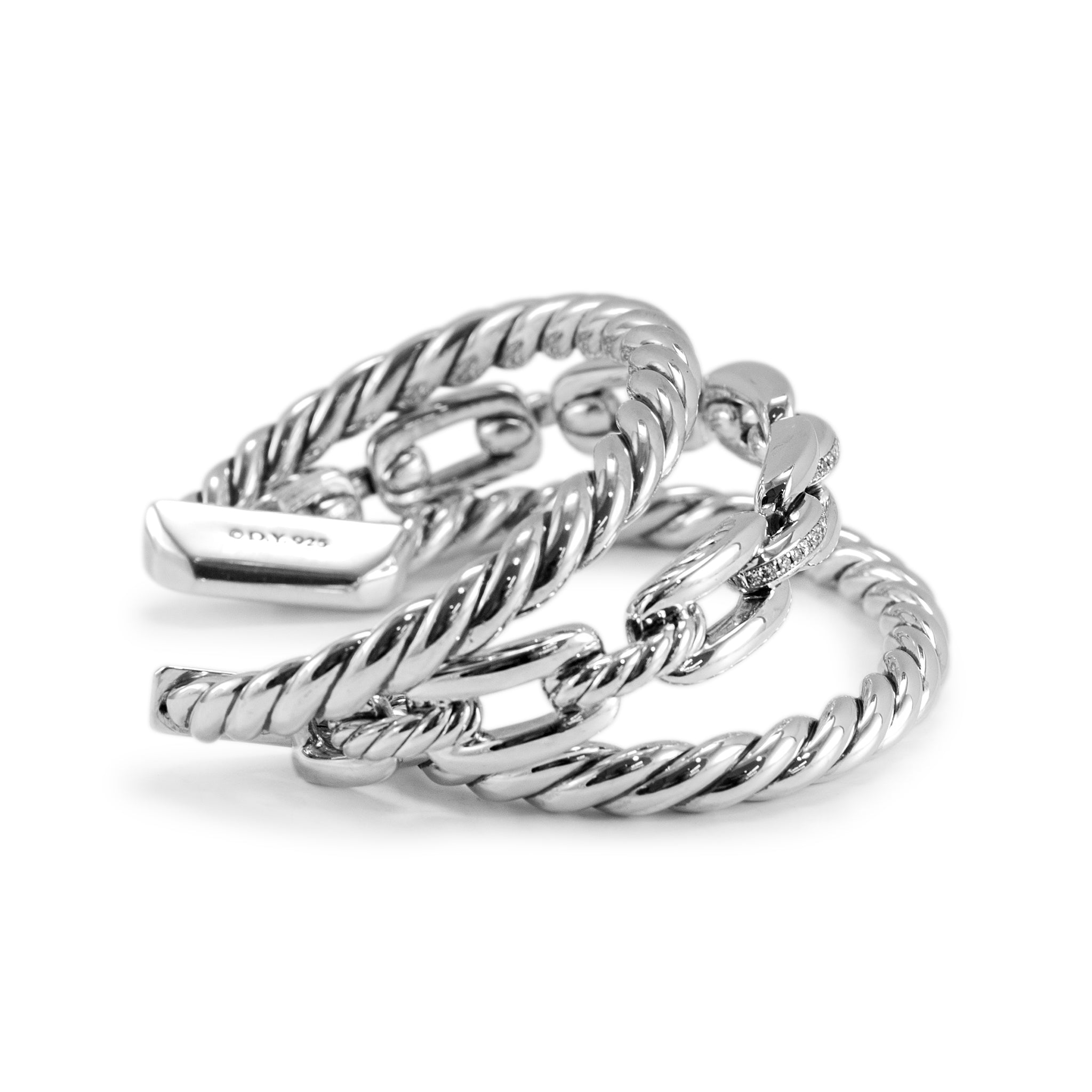 David Yurman 925 Silver Wellesley Three-Row Diamond Cuff Bangle Bracelet