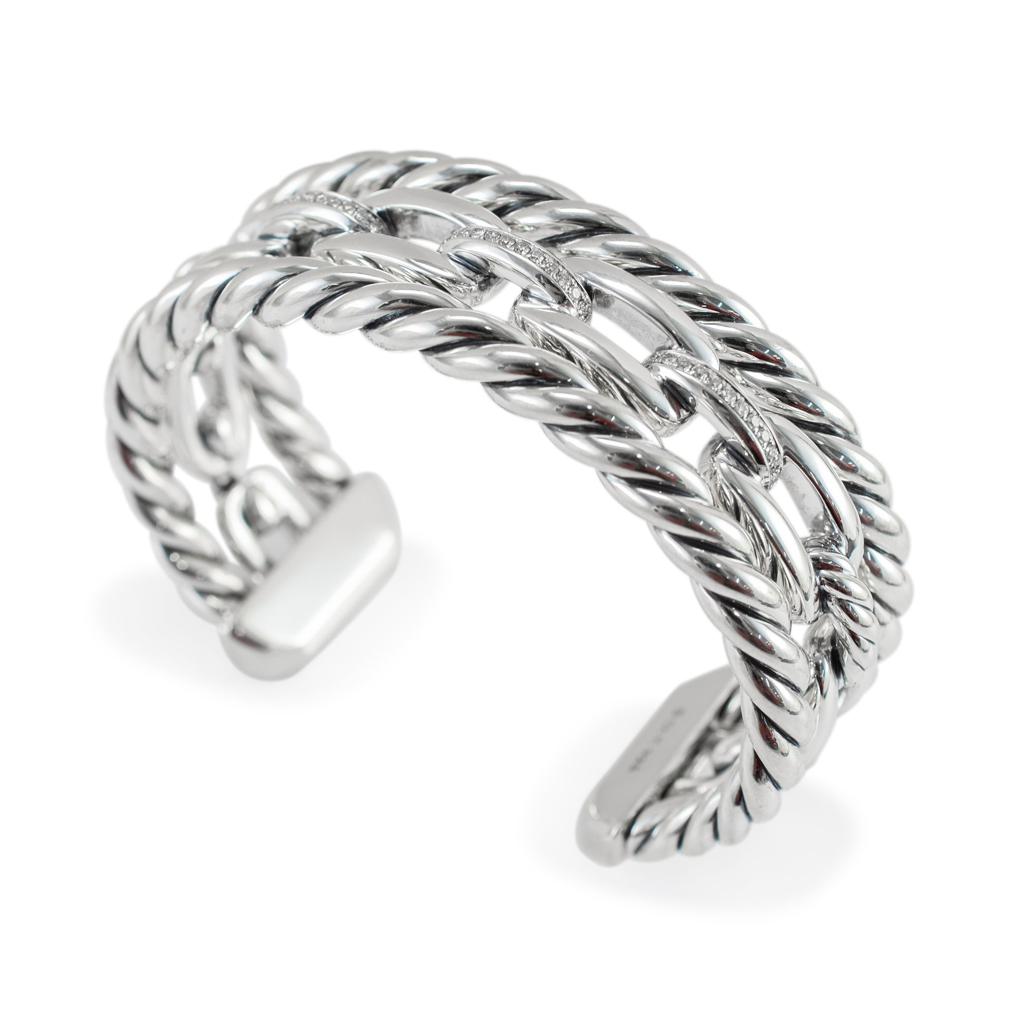 David Yurman 925 Silver Wellesley Three-Row Diamond Cuff Bangle Bracelet