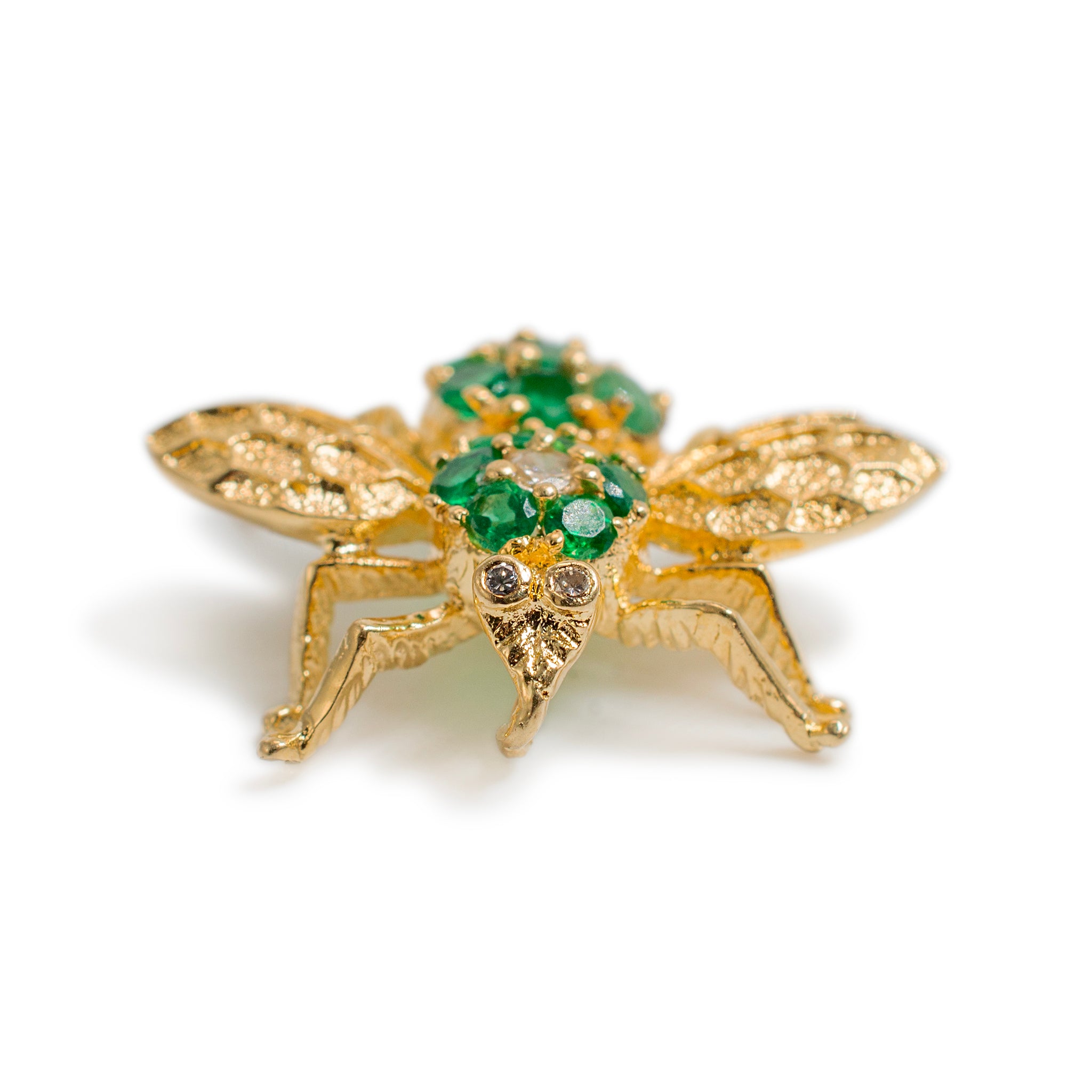 Vintage 18K Yellow Gold Green Emeralds Diamond Bee Pendant