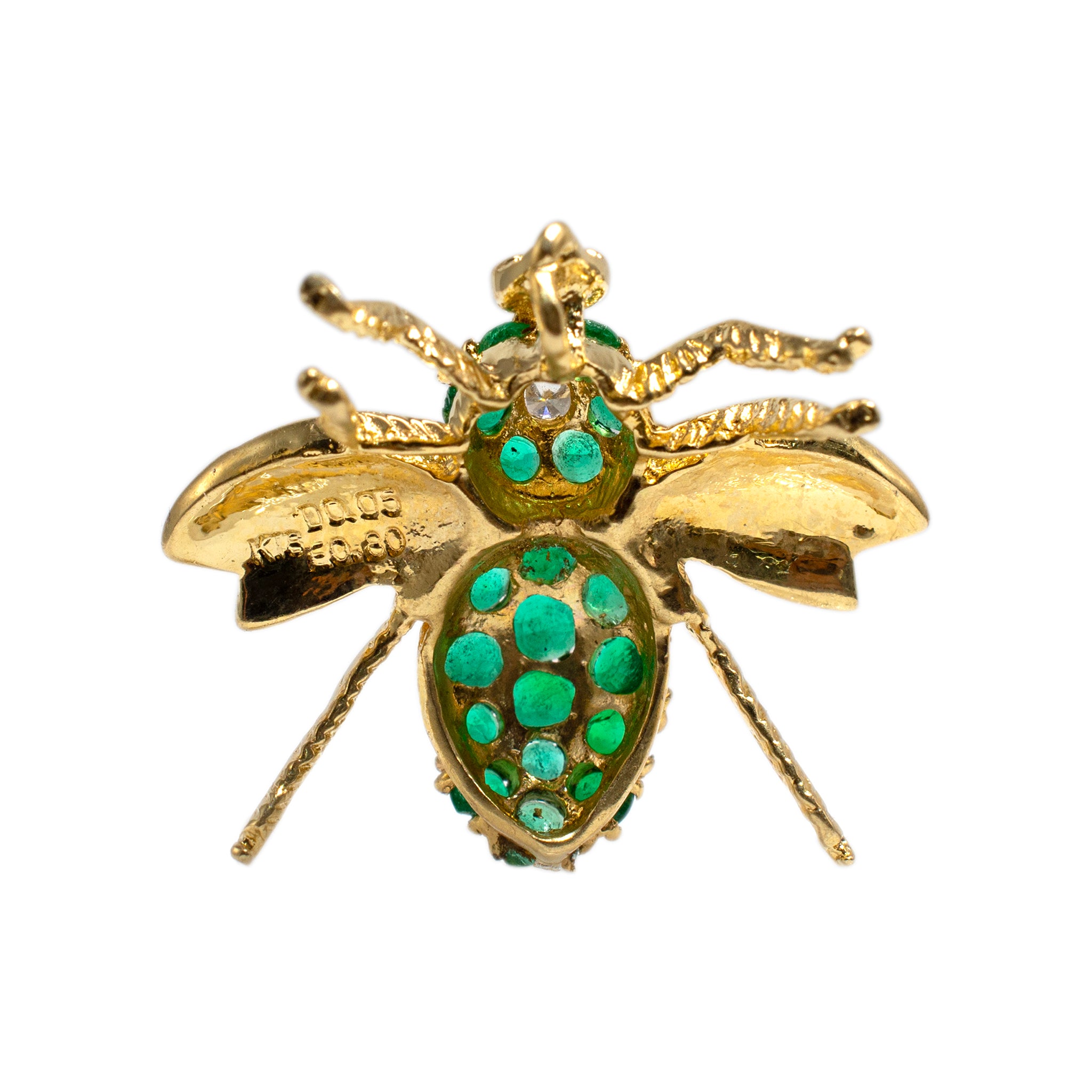 Vintage 18K Yellow Gold Green Emeralds Diamond Bee Pendant