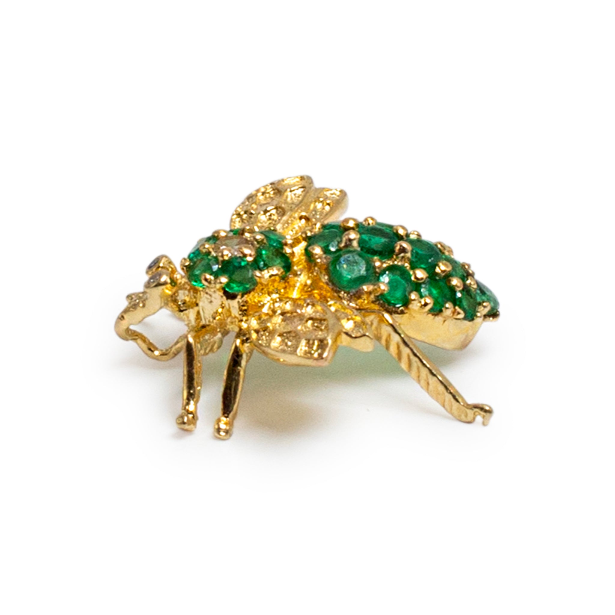Vintage 18K Yellow Gold Green Emeralds Diamond Bee Pendant