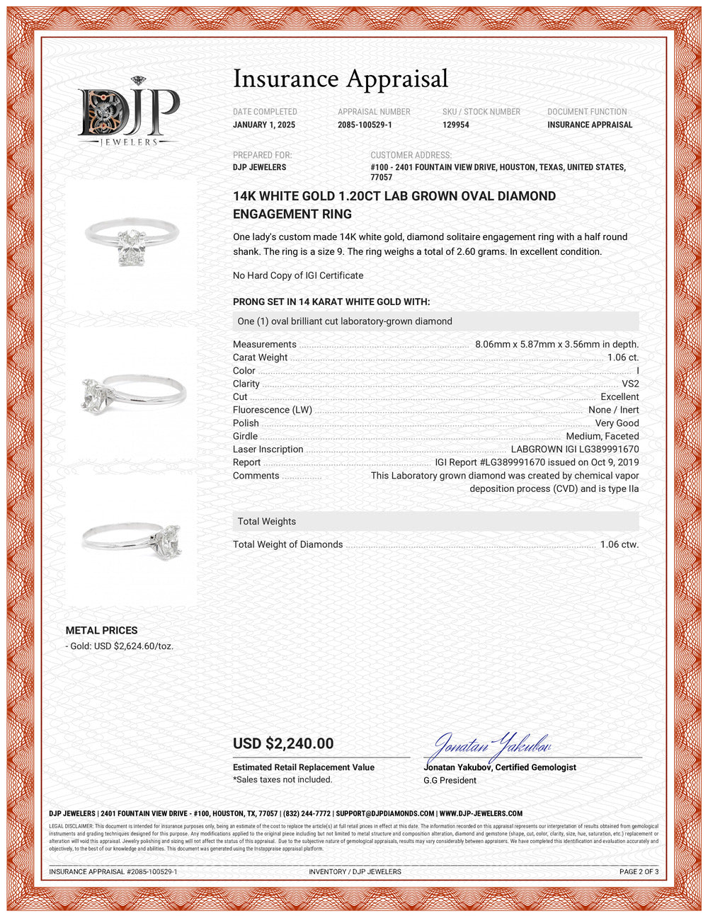 14K White Gold Lab Grown Oval Diamond Solitaire Engagement Ring 1.20TCW