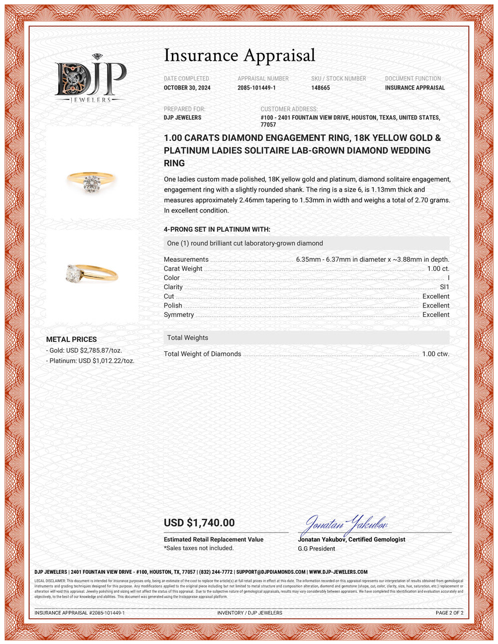 Ladies 18K Yellow Gold & Platinum Ladies Solitaire Lab-Grown Diamond Engagement Ring