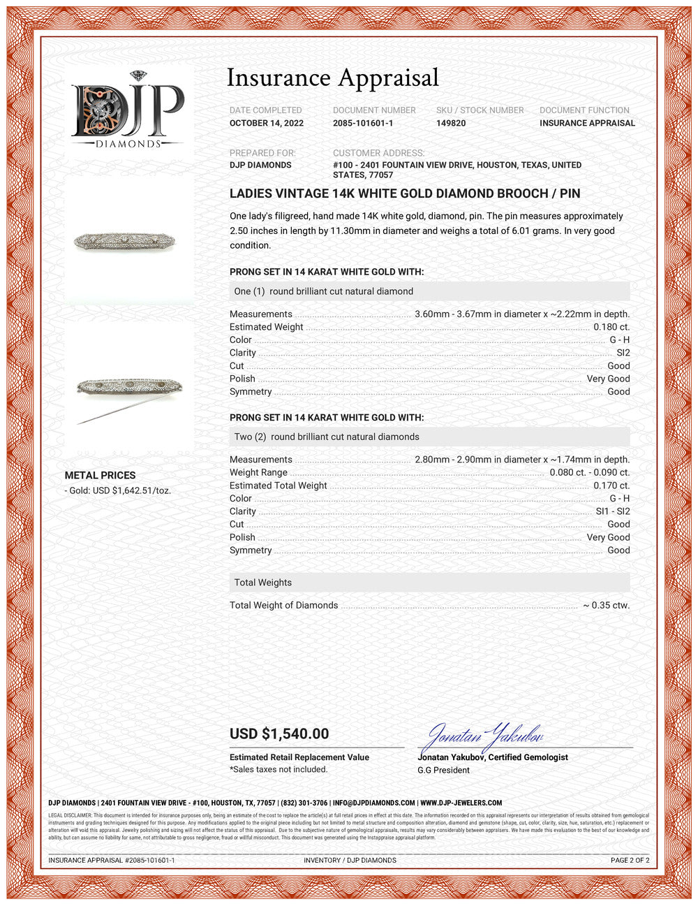 Ladies Antique 14K White Gold Natural Round Diamond Filigree Brooch