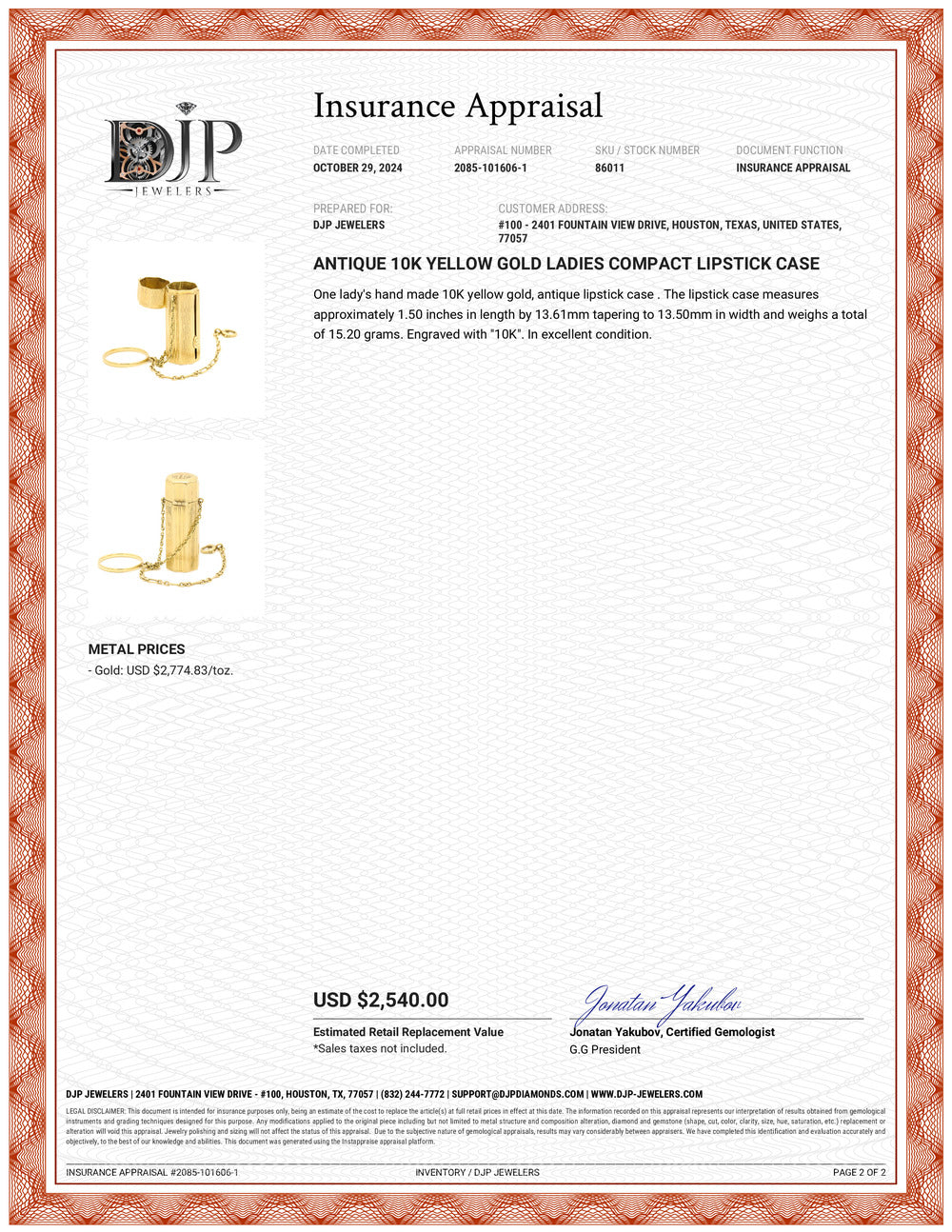 Antique 10K Yellow Gold Ladies Compact Lipstick Case